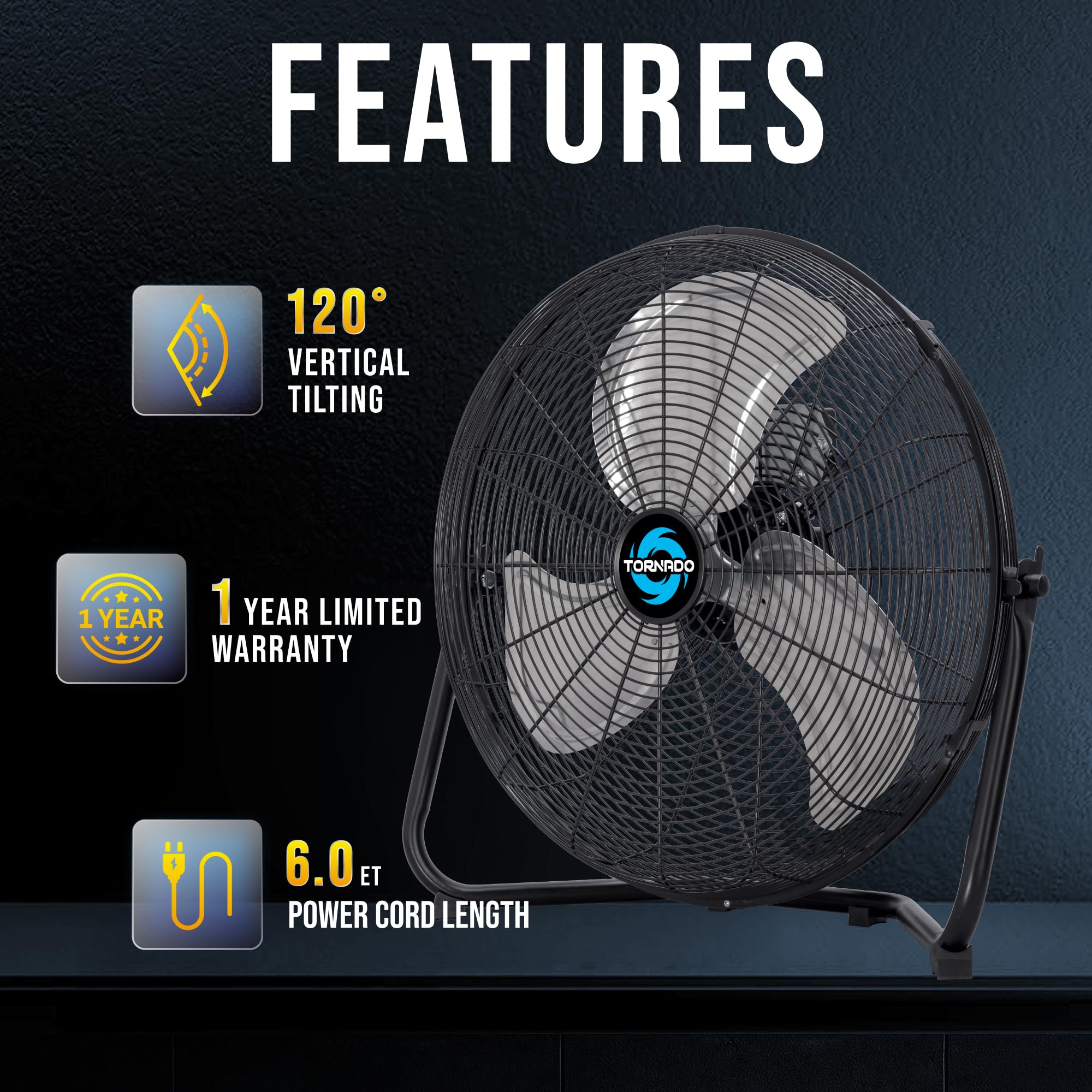 Tornado 18'' High Velocity Floor Fan Industrial Metal 3-Speed Heavy Duty Cooling Fan For Workshop, Garage, Home, Office, 120 Til