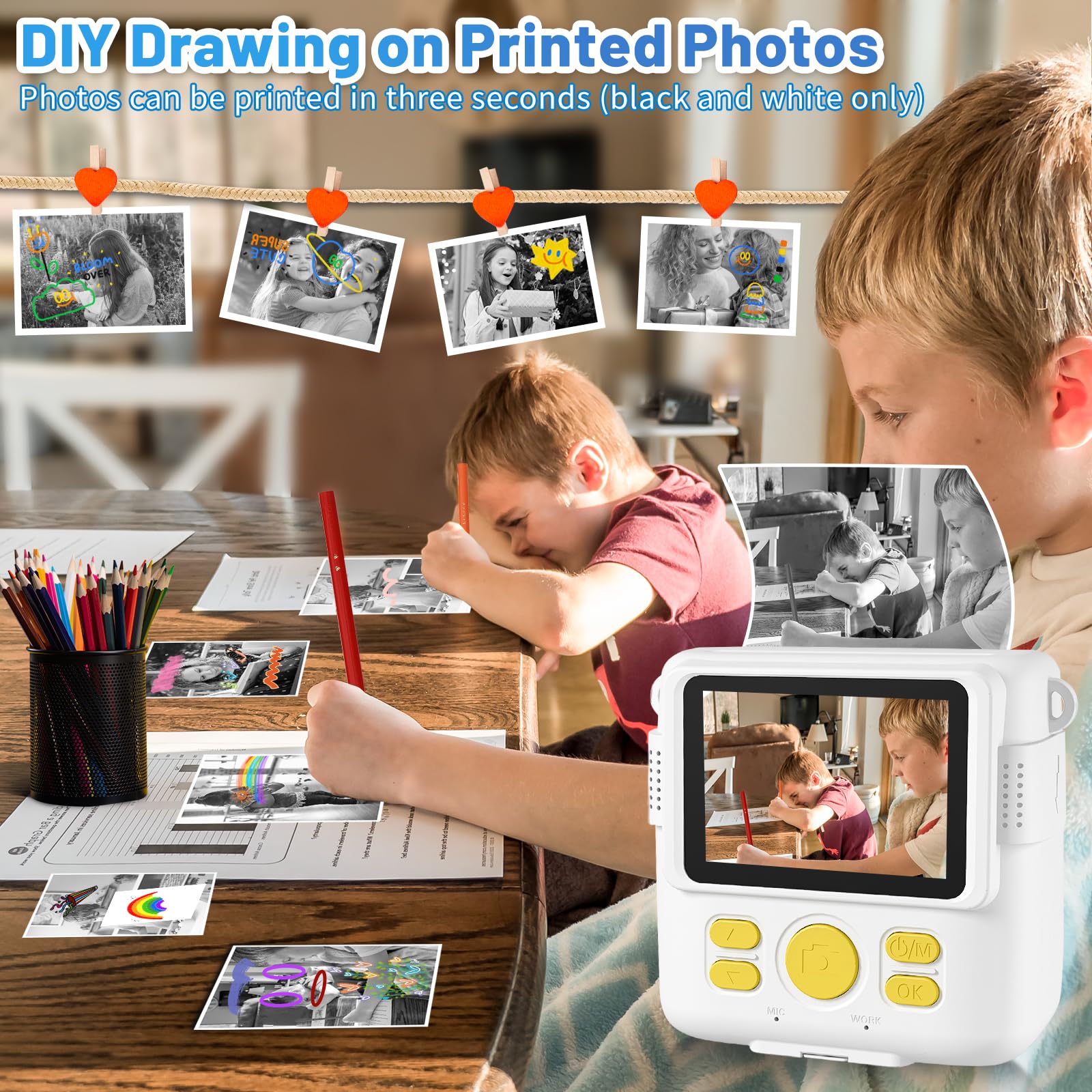 Instant Print Camera For Kids With 3 Rolls Of Printer Paper, 1080P Toddler Digital Camera Toys For Age 3 12 With 32Gb Sd Card, Christmas & Birthday Gifts For 3 4 5 6 7 8 Year Old Girls & Boys (White)
