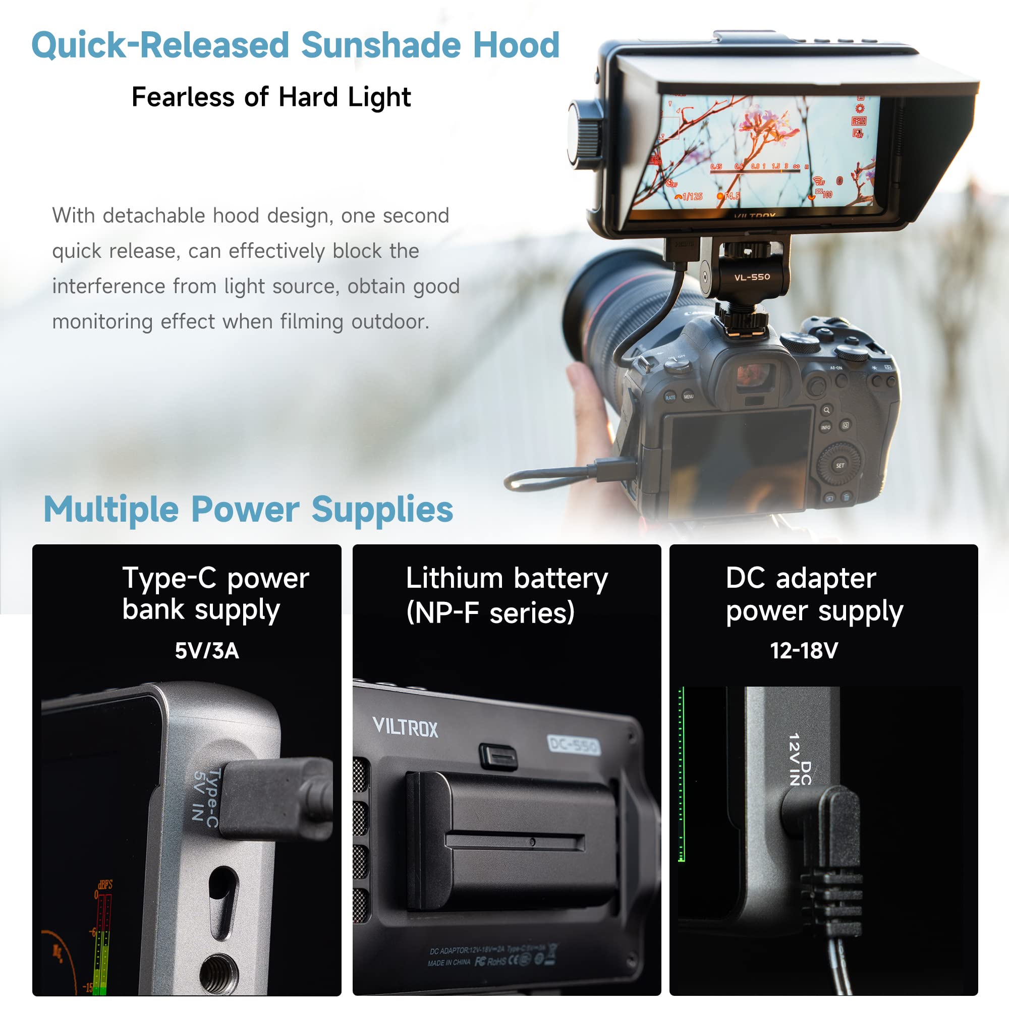 Viltrox Dc 550 Pro 5.5 Inch Camera Field Monitor, 4K Hdmi Touchscreen Dslr Camera Monitor With Battery Sunshade Hood, 1200 Nits