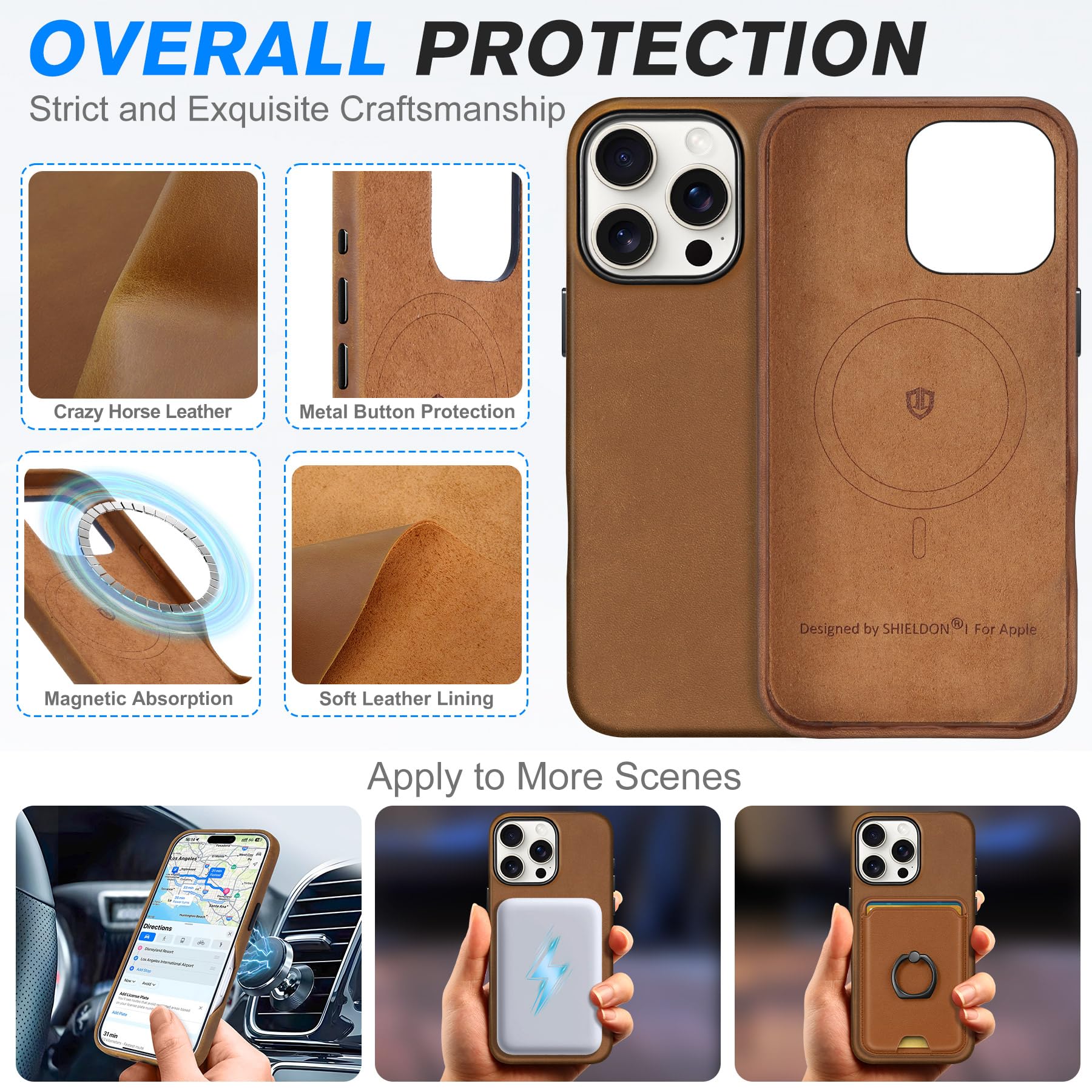 Shieldon Crazy Horse Leather Magnetic Wireless Charging Slim Non-Slip Shock-Absorbent Cover With Metal Buttons Compatible With I