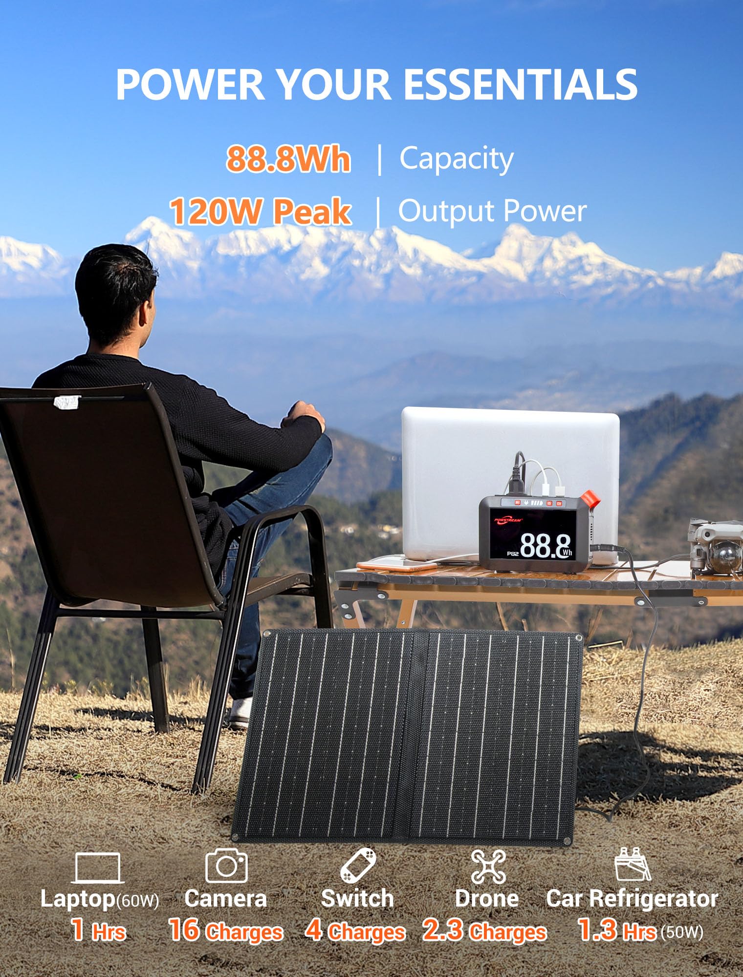 Powstream Solar Generator 88.8Wh Portable Power Station With Solar Panel Included, Lithium Ion Battery Power Bank With Ac Usb Ou