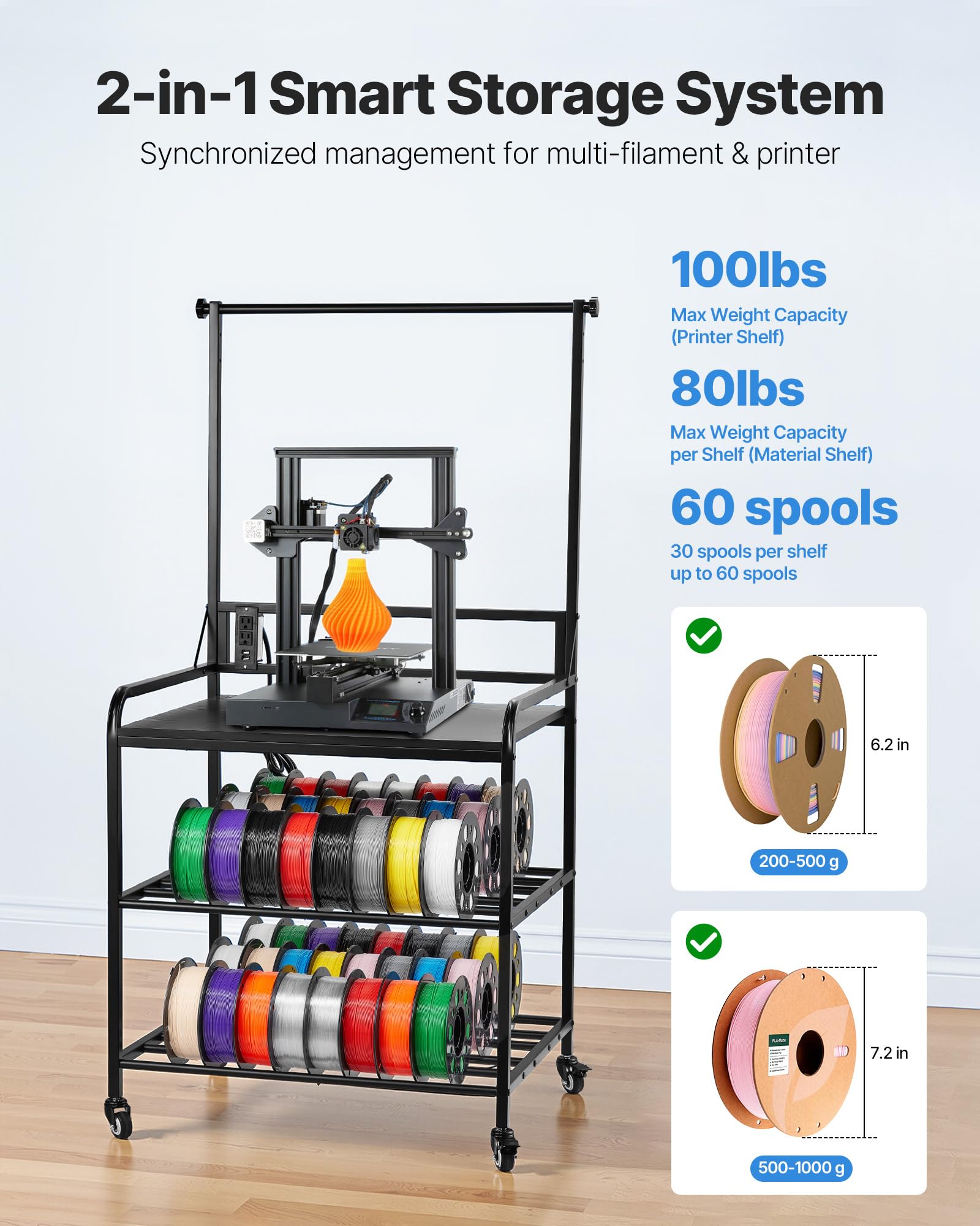 Vevor 3D Printer Filament Storage Rack, 3-Tier 3D Printer Stand With Filament Storage, Spools Holder Racks Cart With Wheels, Fil
