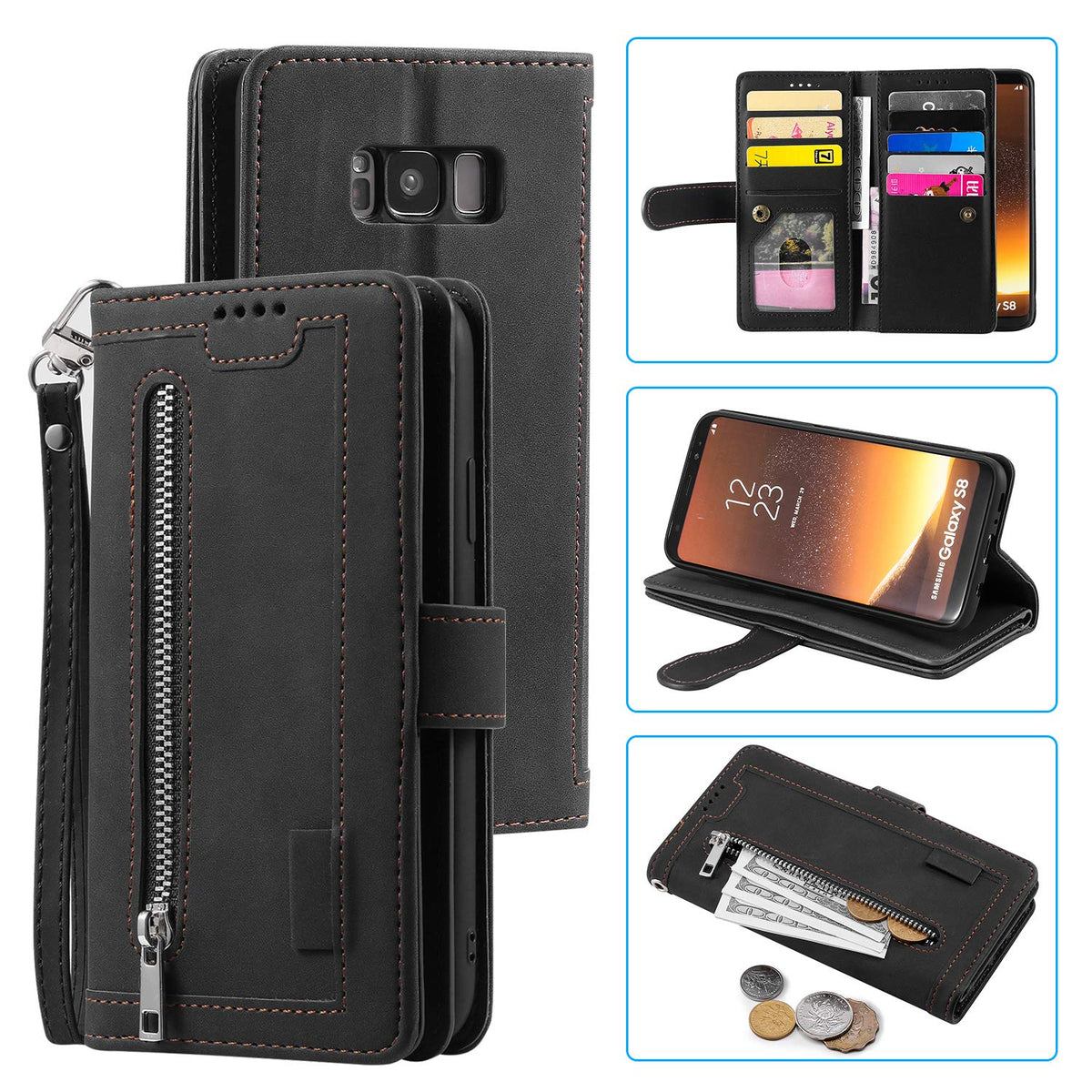 Ueebai Wallet Case For Samsung Galaxy S8 Plus, Retro 9 Card Holder Slots Zipper Pocket Handbag Case Pu Leather Magnetic Closure