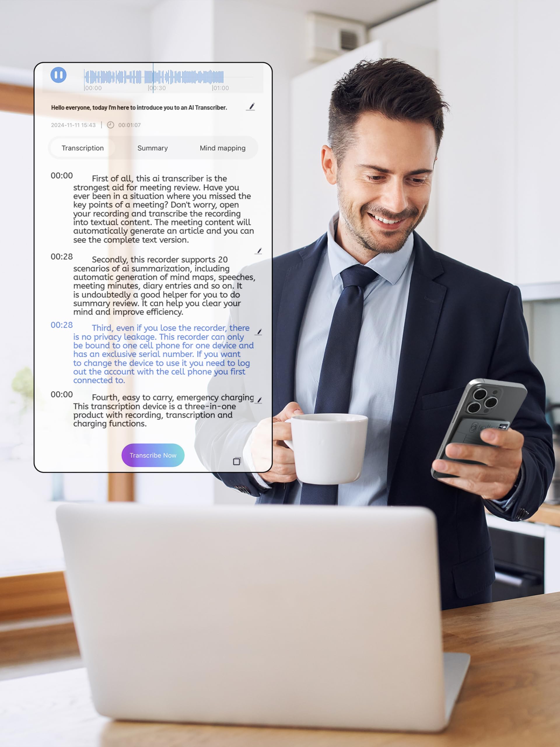 Ai Voice Recorder   Record,Transcribe,Charge 3 In 1,Support 107 Languages,Avoid Missing Meeting Highlights,64 Gb,Chatgpt Driven
