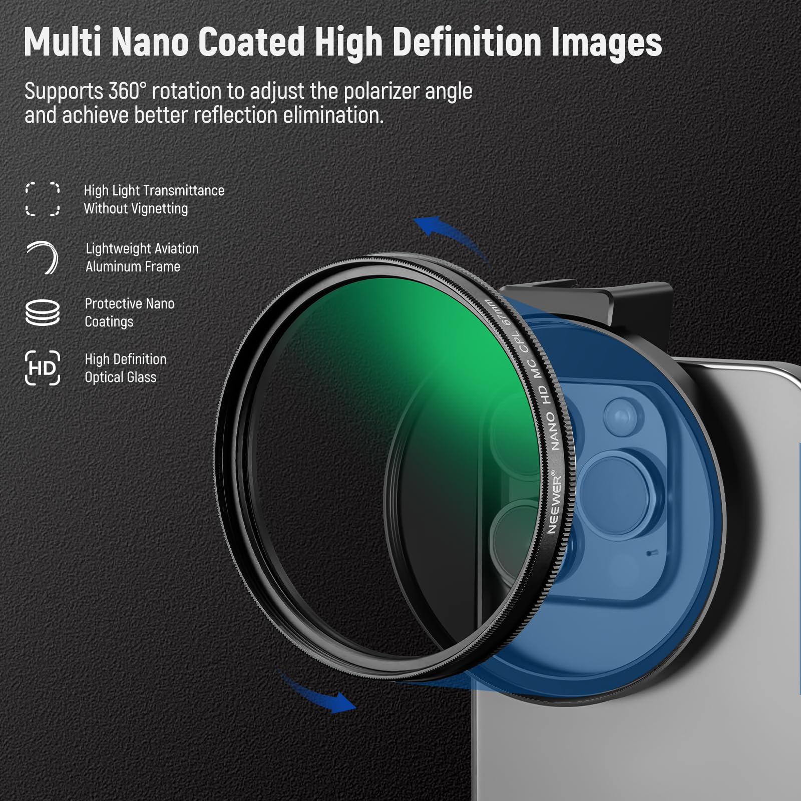 Neewer Cpl Filter For Phone, 67Mm Camera Lens Polarizing Filter With Metal Cold Shoe Phone Clip Compatible With Iphone 15 Pro Ma
