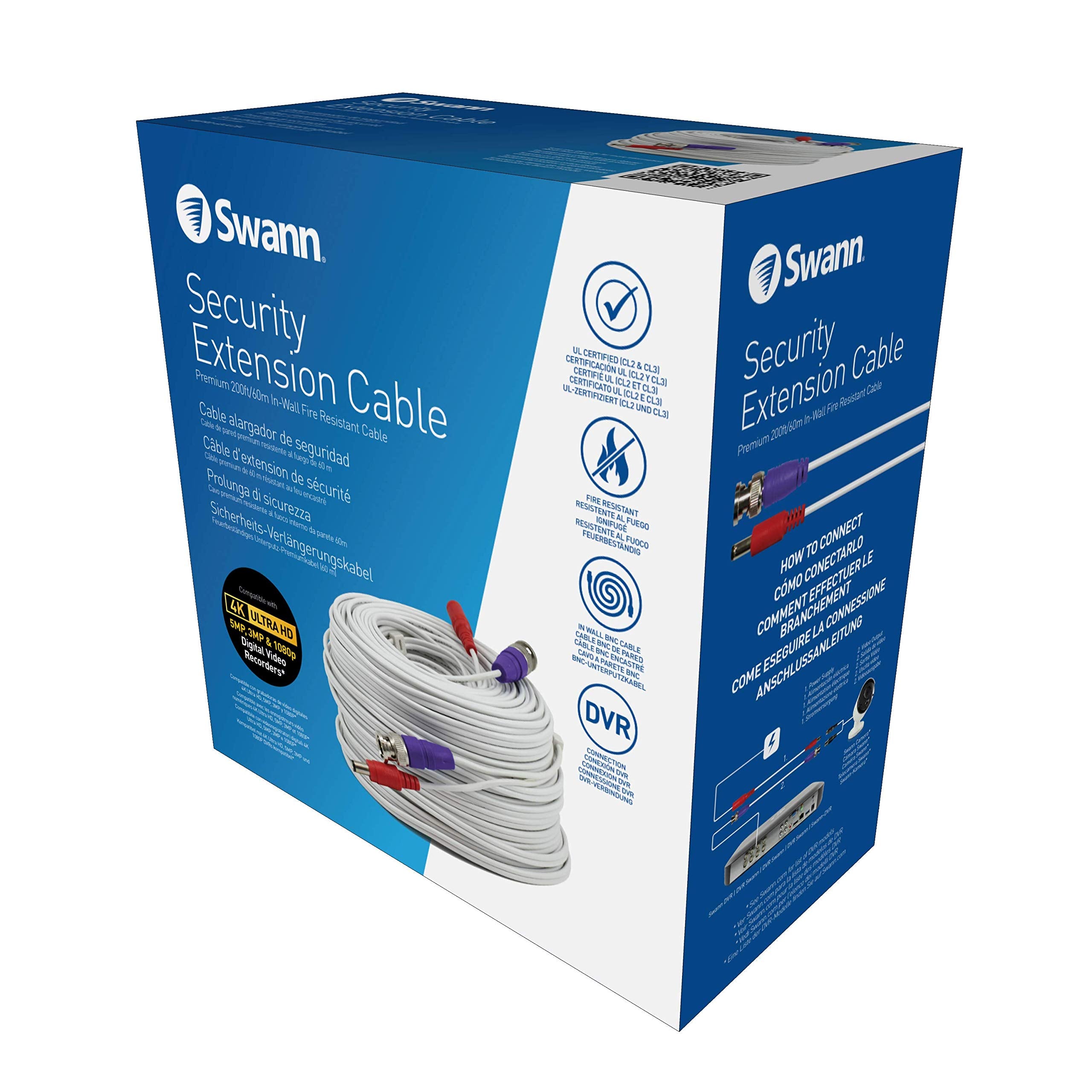 Swann 200Ft Security Extension Cable With Bnc Connectors And Fire Rated Ul Rating For Dvr Security Cameras And Systems, 1 Count