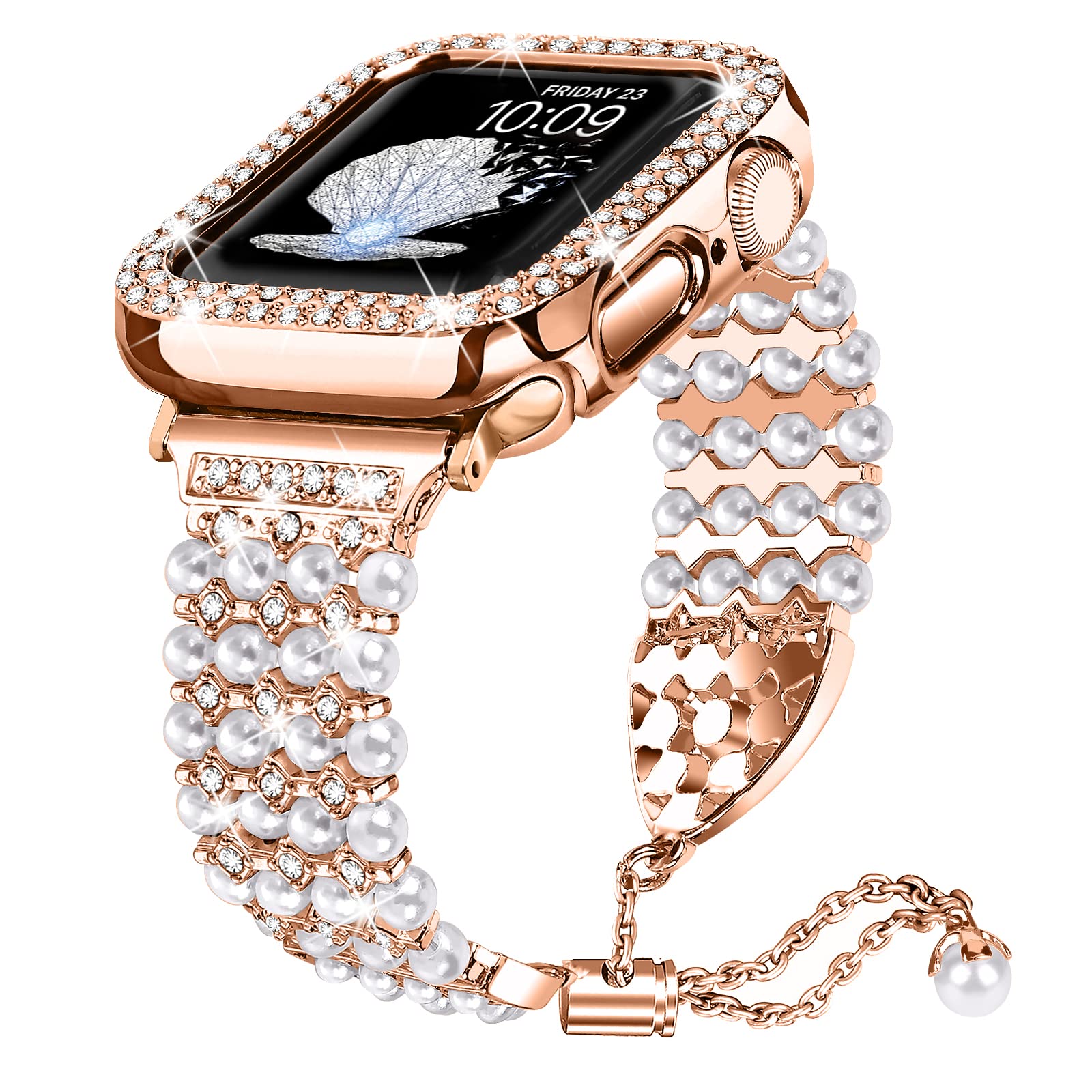 Joyozy Bling Pearl Bracelet 44Mm And Case Compatible For Apple Watch Band 44Mm, Women Sparkle Diamond Case With Rhinestone Cute