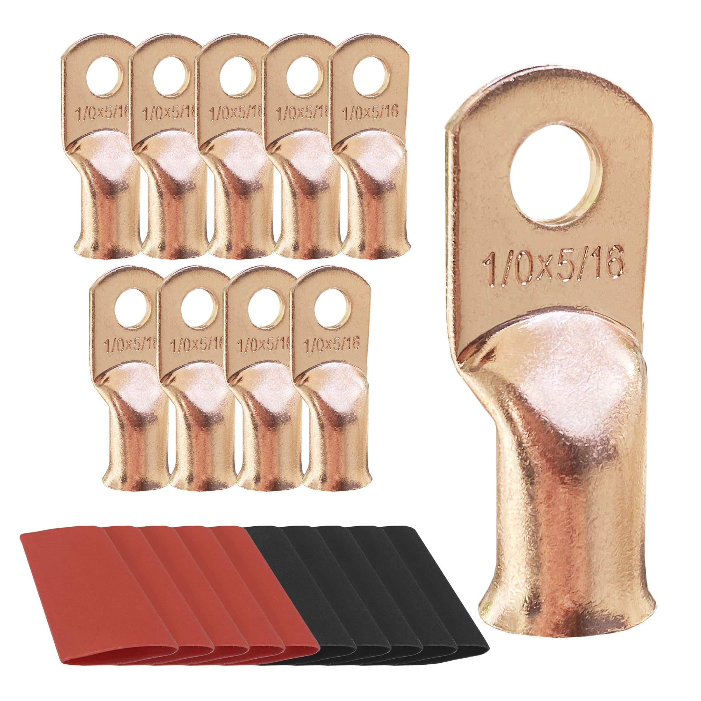 6Pcs 1/0 Awg 5/16 Ring Battery Lugs, Copper Lugs, Battery Cable Ends, Tubular Ring Terminals, Crimp Wire Ring Lugs, Battery Term