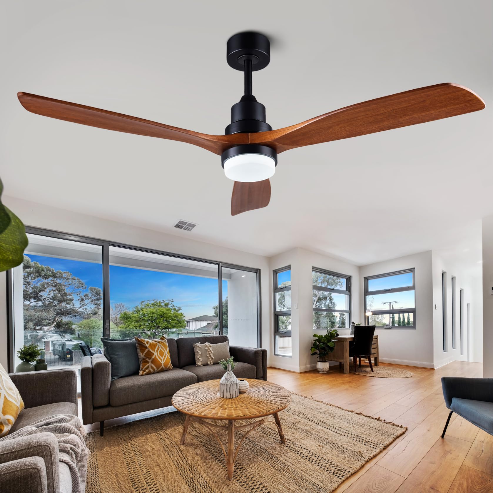 Dearnow 56'' Wooden Ceiling Fans With Lighted Remote Control, Indoor Outdoor Wooden Ceiling Fan, Outdoor Modern Ceiling Fan With