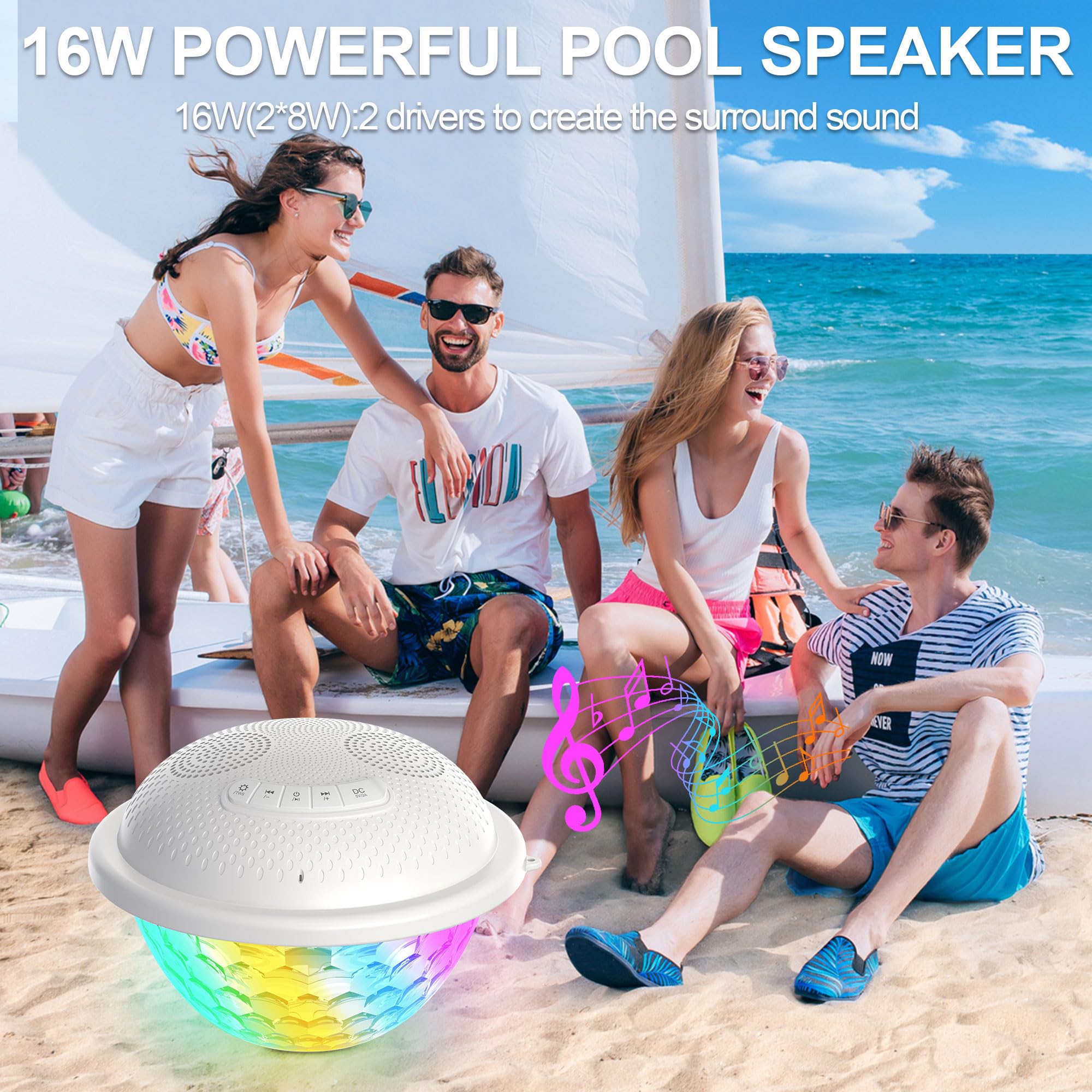 Kingsom Floating Pool Speaker,Bluetooth Pool Speaker With Led Light,Ip68 Waterproof Hot Tub Speaker,16W Loud Stereo Sound Floating Speaker,Tws Pairing,Built In Mic,Portable Wireless Speaker For Shower