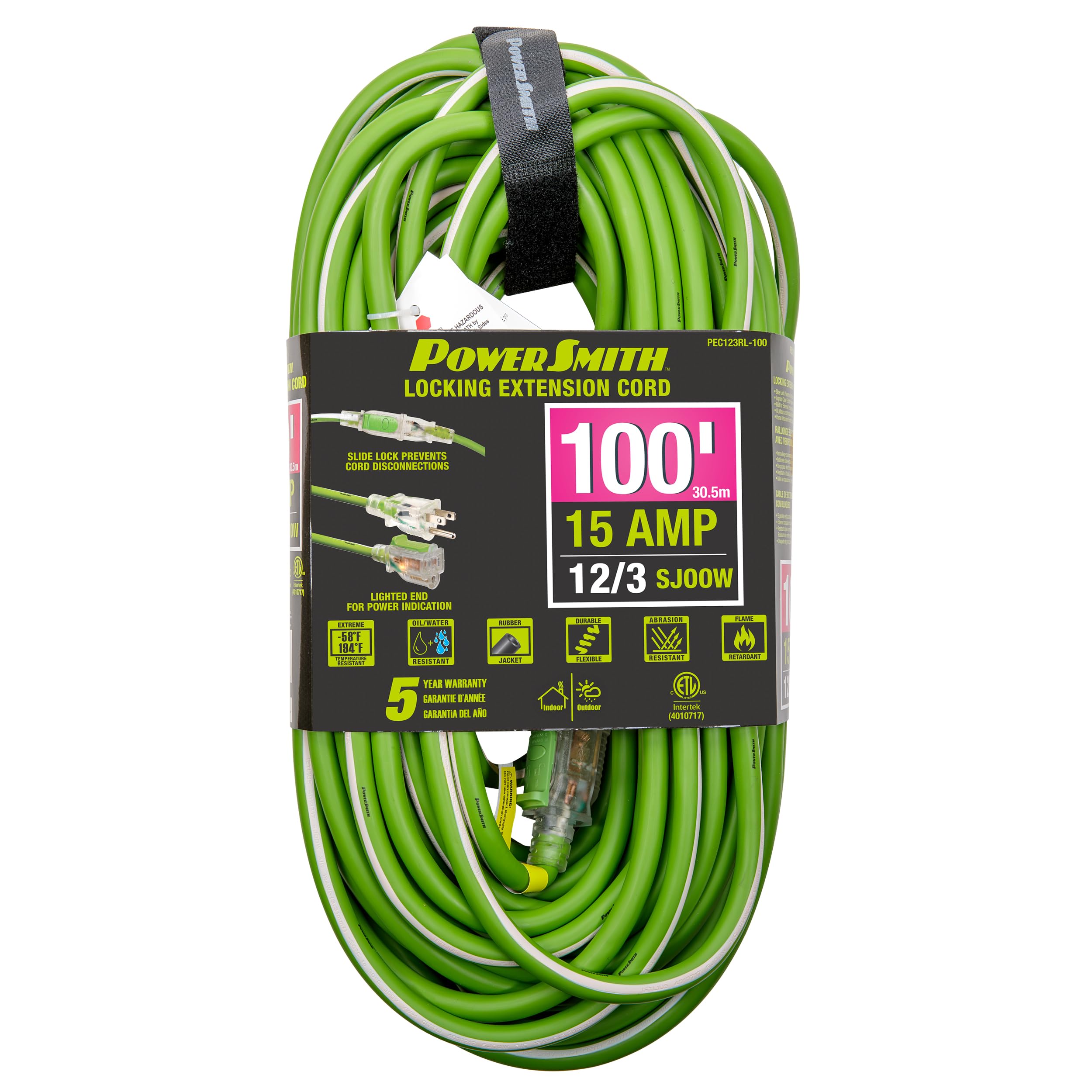 Powersmith 100 Ft. 12/3 Awg Rubber Jacket 15 Amp Heavy Duty Outdoor Locking Extension Cord (Pec123Rl 100)