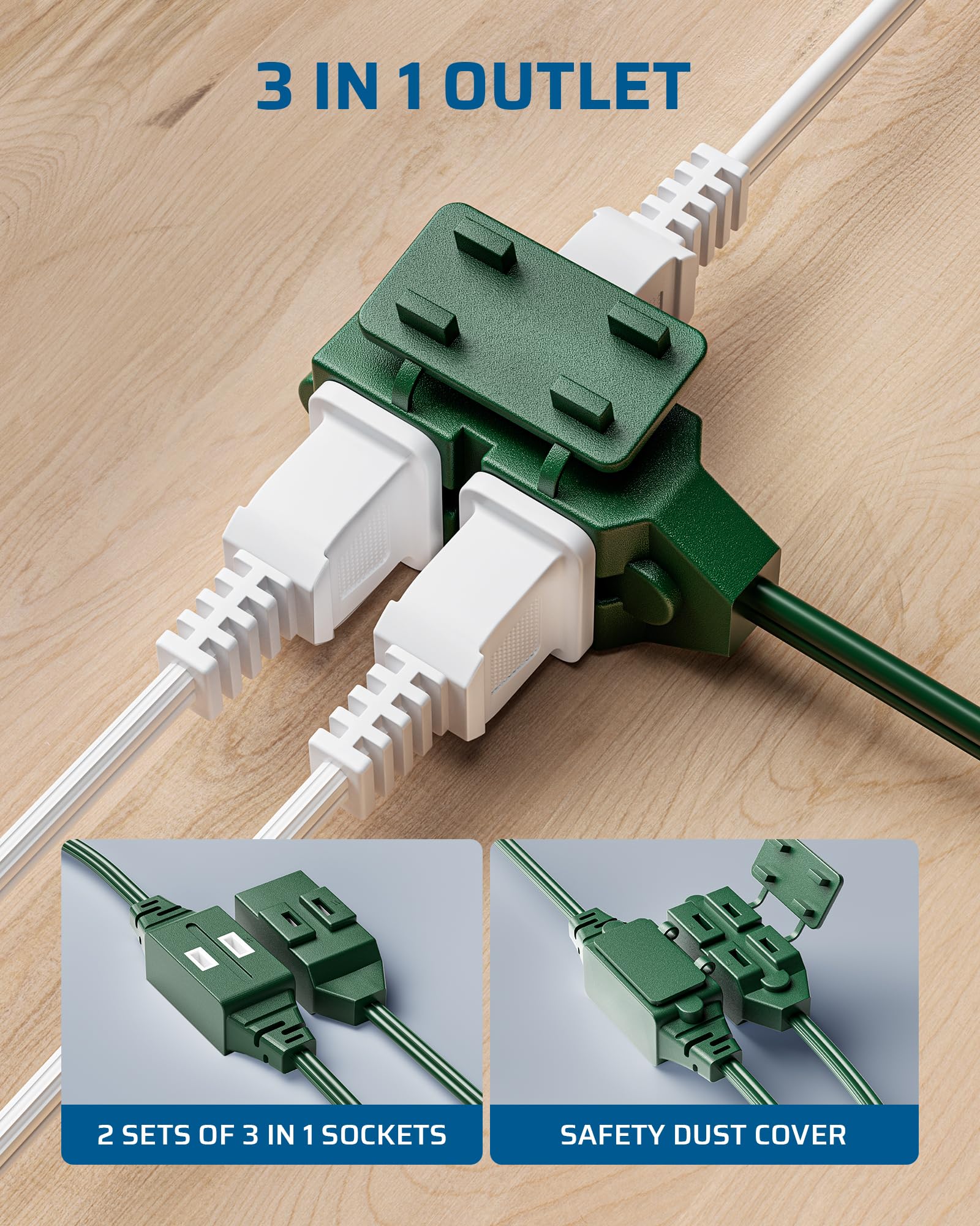 Dewenwils 2 Prong Extension Cord 6 Ft, 3Ft + 3Ft Indoor Extension Cord, 2 Groups 3 Polarized Outlets With Safety Cap Protect For