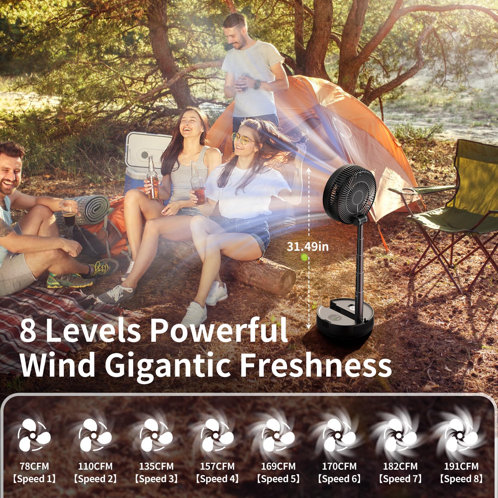 Socool 40000Mah Portable Fan Foldable Battery Rechargeable With 8 Speed & 106H, 90 Osciliating Floor Standing Fan Remote, Desk F