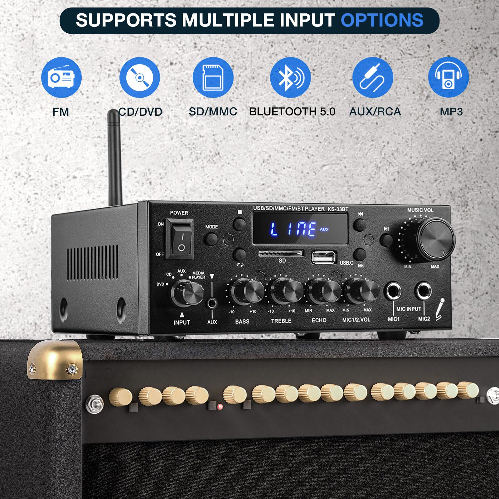 Facmogu Ks 33Bt 2.1Ch Stereo Audio Amplifier With Active Subwoofer Output, Rms 60Wx2 Max 400Wx2 Mini Bt Amp Home Theater Stereo, Bluetooth 5.0 Hifi Receiver W/Mic/Echo/Usb/Sd/Aux/Fm