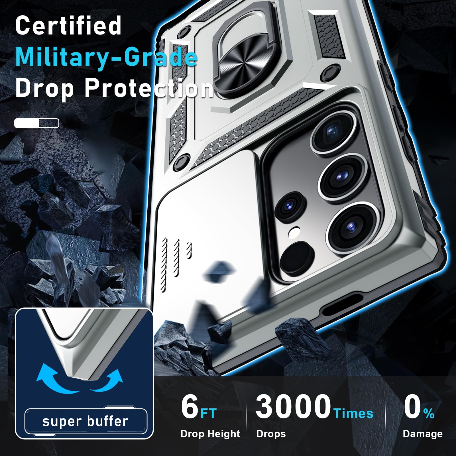 Janmitta Compatible With Samsung Galaxy S24 Ultra Case Built In Slide Camera Lens Cover+Screen Protector+Finger Ring Holder Kick