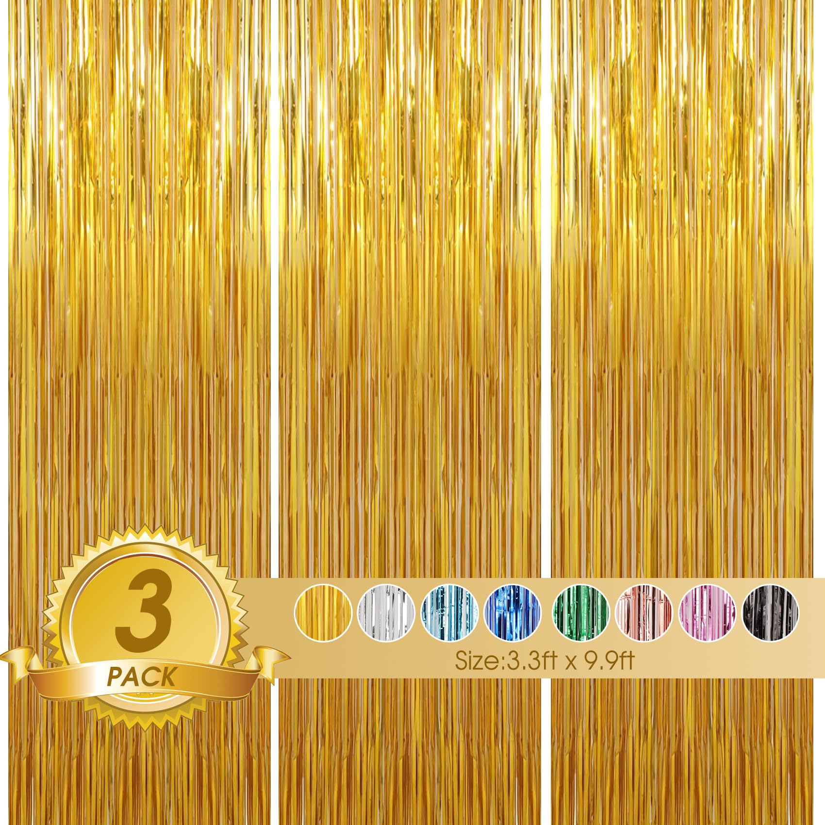 Birthday Party Decorations: 3 Pack 3.3 X 9.9 Ft Gold Foil Fringe Curtains Party Supplies, Tinsel Curtain Backdrop For Parties/Bi