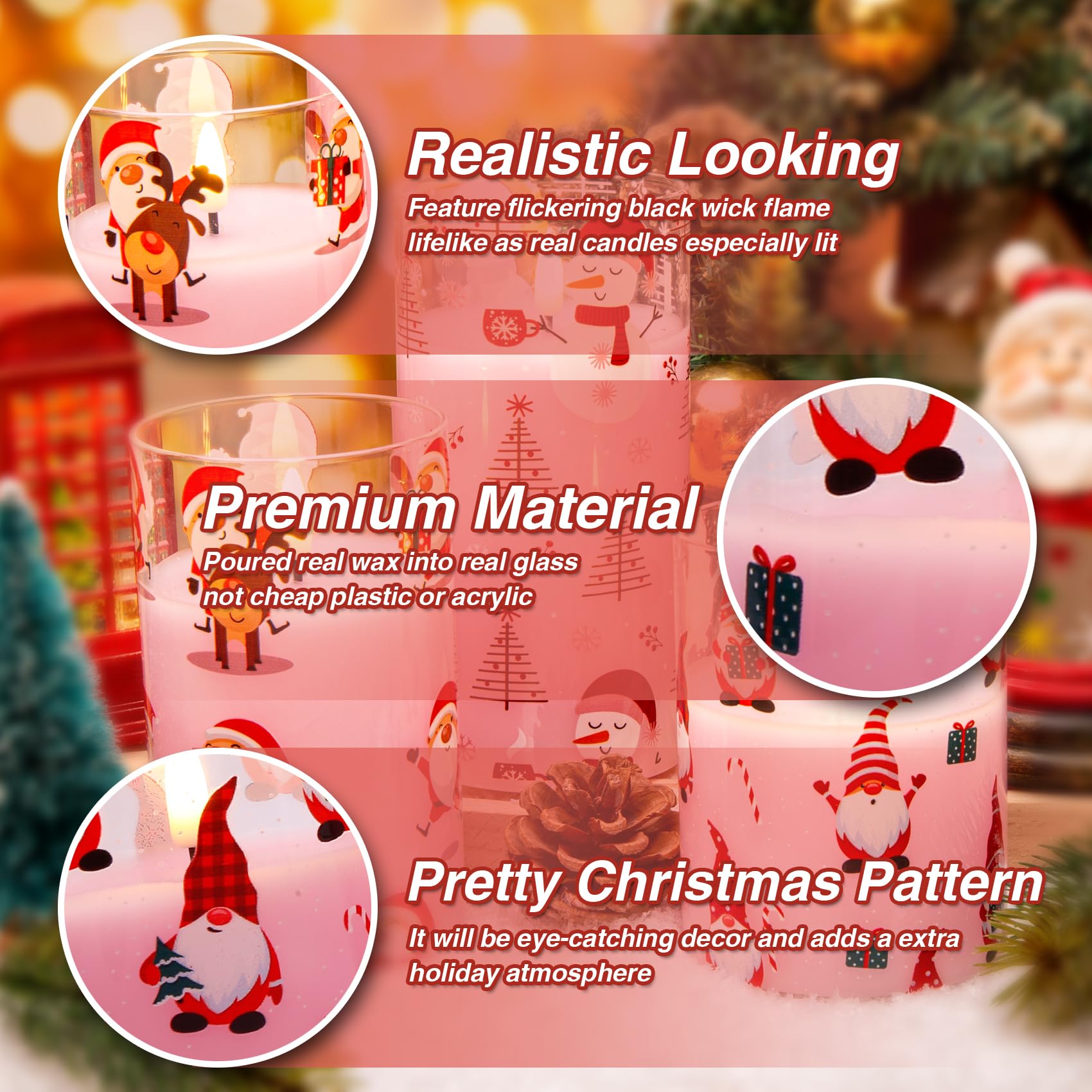 Eywamage Pink Christmas Glass Flameless Candles With Remote, Flickering Snowman Santa Gnomes Led Pillar Candles Set Of 3