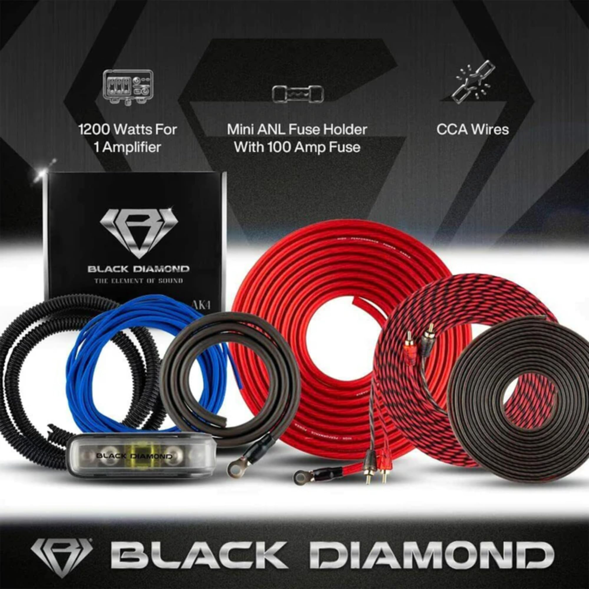 Black Diamond Dia Ak4 Amplifier Wiring Kit 4 Ga (Up To 1680W), Amp Wire Kit, Super Flex, Complete 4 Gauge Cca Amp Wiring Kit For