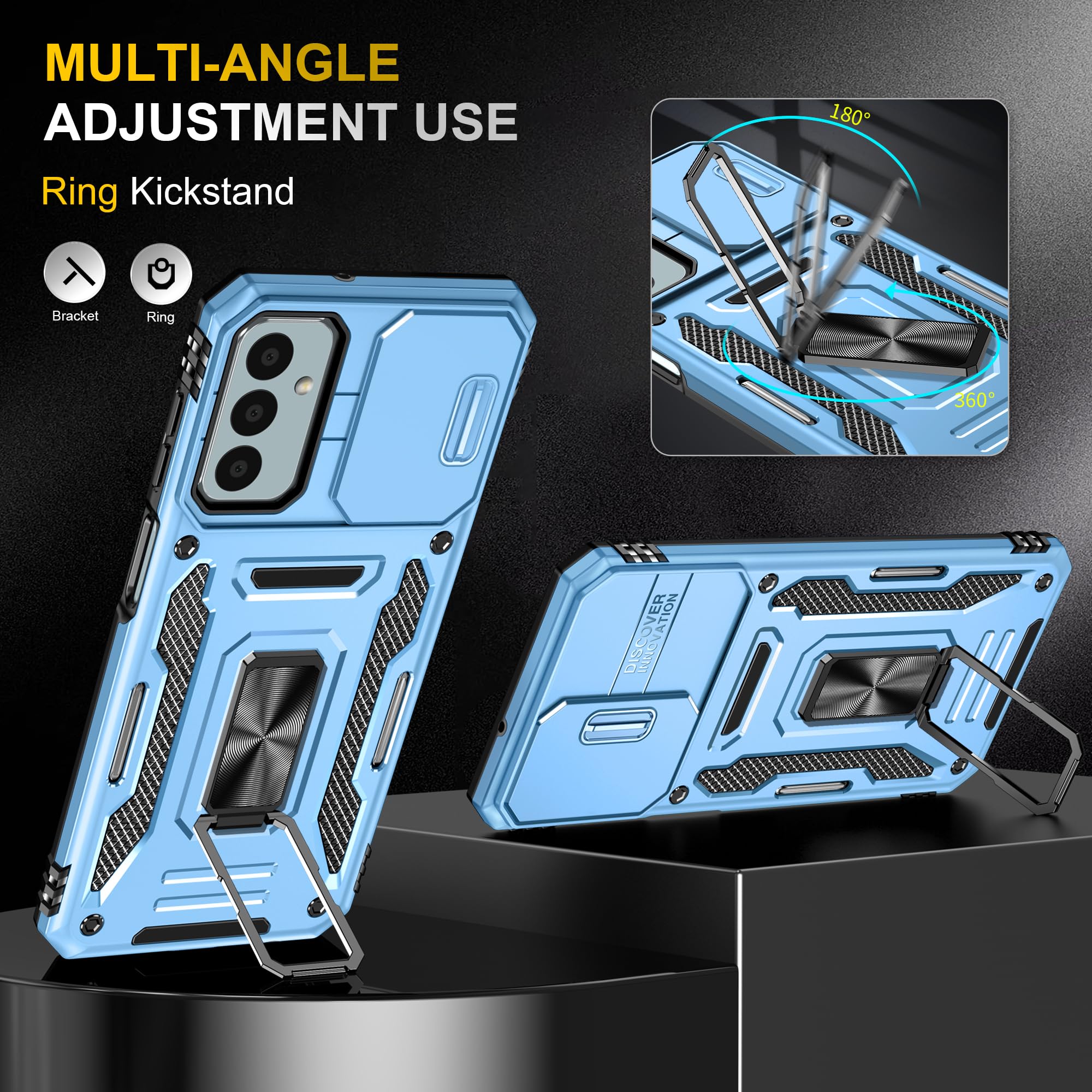 Samsung Galaxy A15 5G Case With Slide Camera Cover + Screen Protector(2 Packs), Rotated Ring Kickstand Military Grade Shockproof