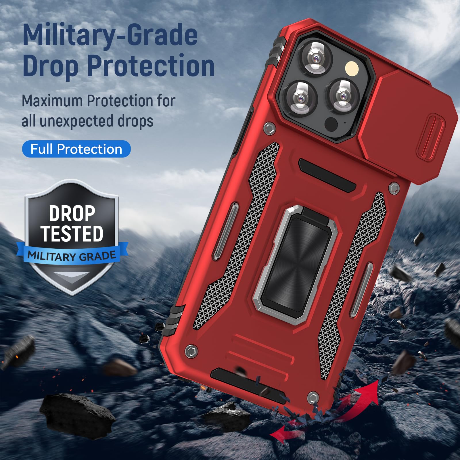 Sefing Case For Iphone 15 Pro Phone Case Iphone 15 Pro Case With Slide Camera Cover, With Finger Ring Holder Stand, Fit Magnetic