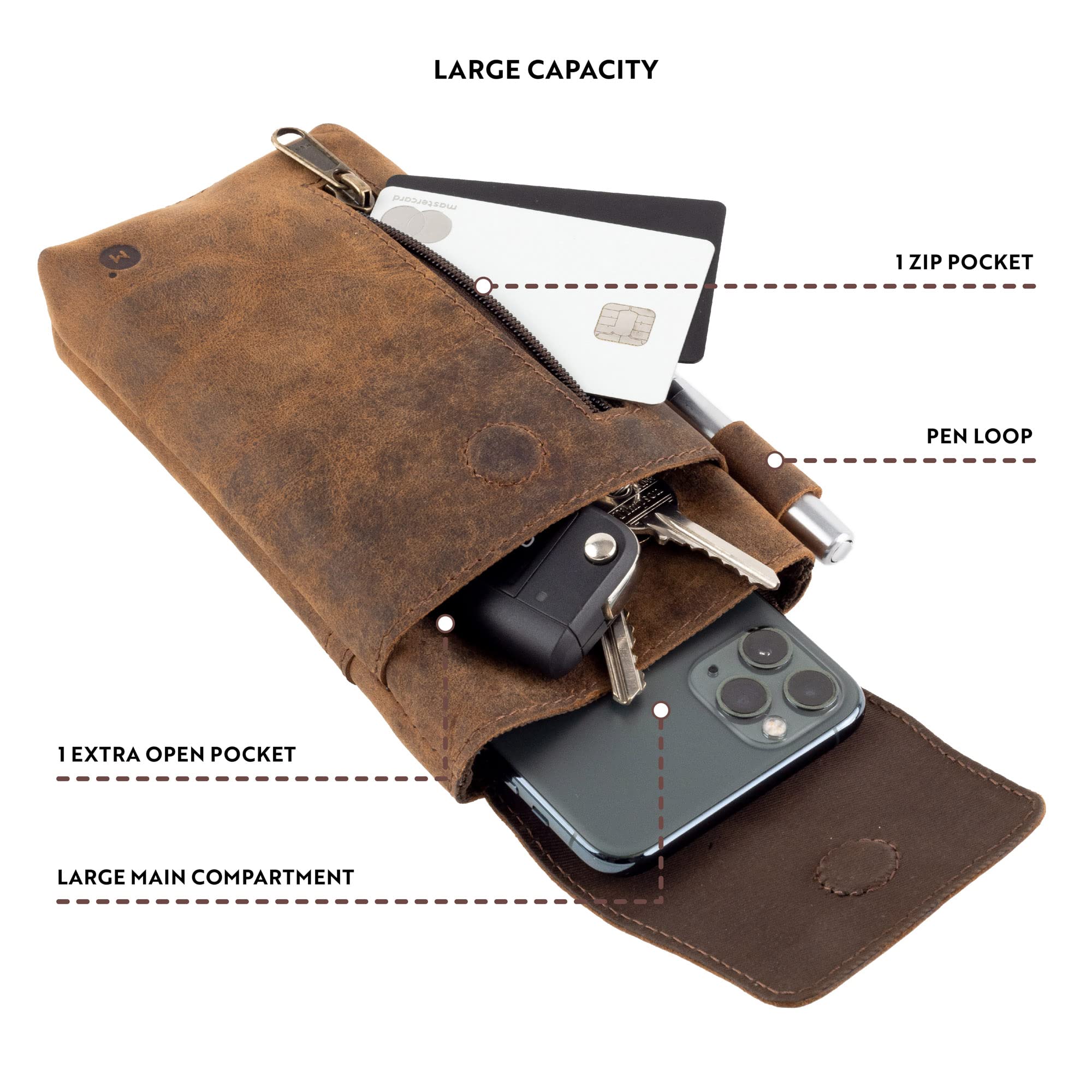 MOONSTER® Leather Phone Holster - Full-Grain Buffalo Leather, 7” H x 3.5” W, Brown, Secure Belt Holder for Large Smartphones