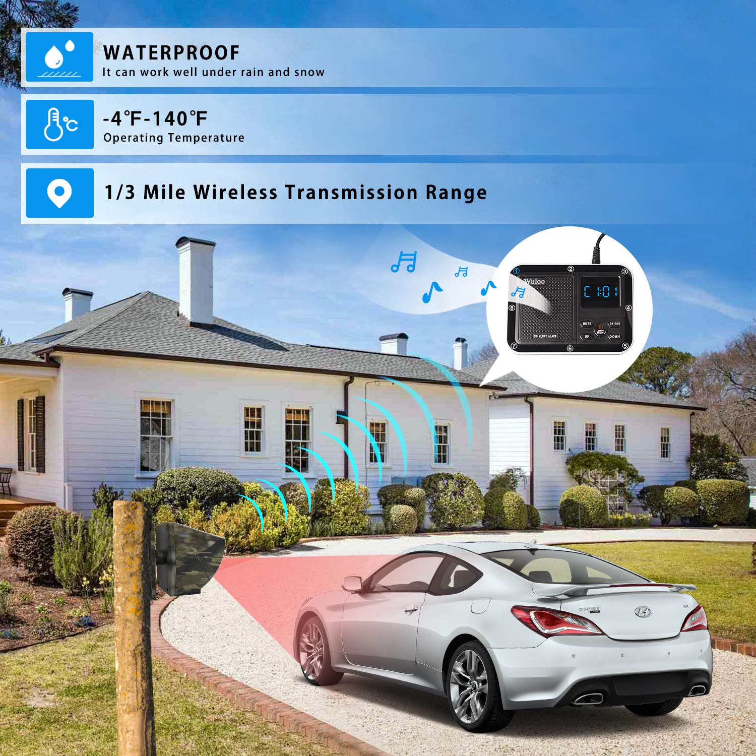 1800 Ft Wireless Outside Driveway Alarm Outdoor Motion Sensor & Detector Driveway Alert System, Rechargeable Battery/Weatherproof/Mute Mode/Clock And Alarm Functional (1&4 Camouflage)
