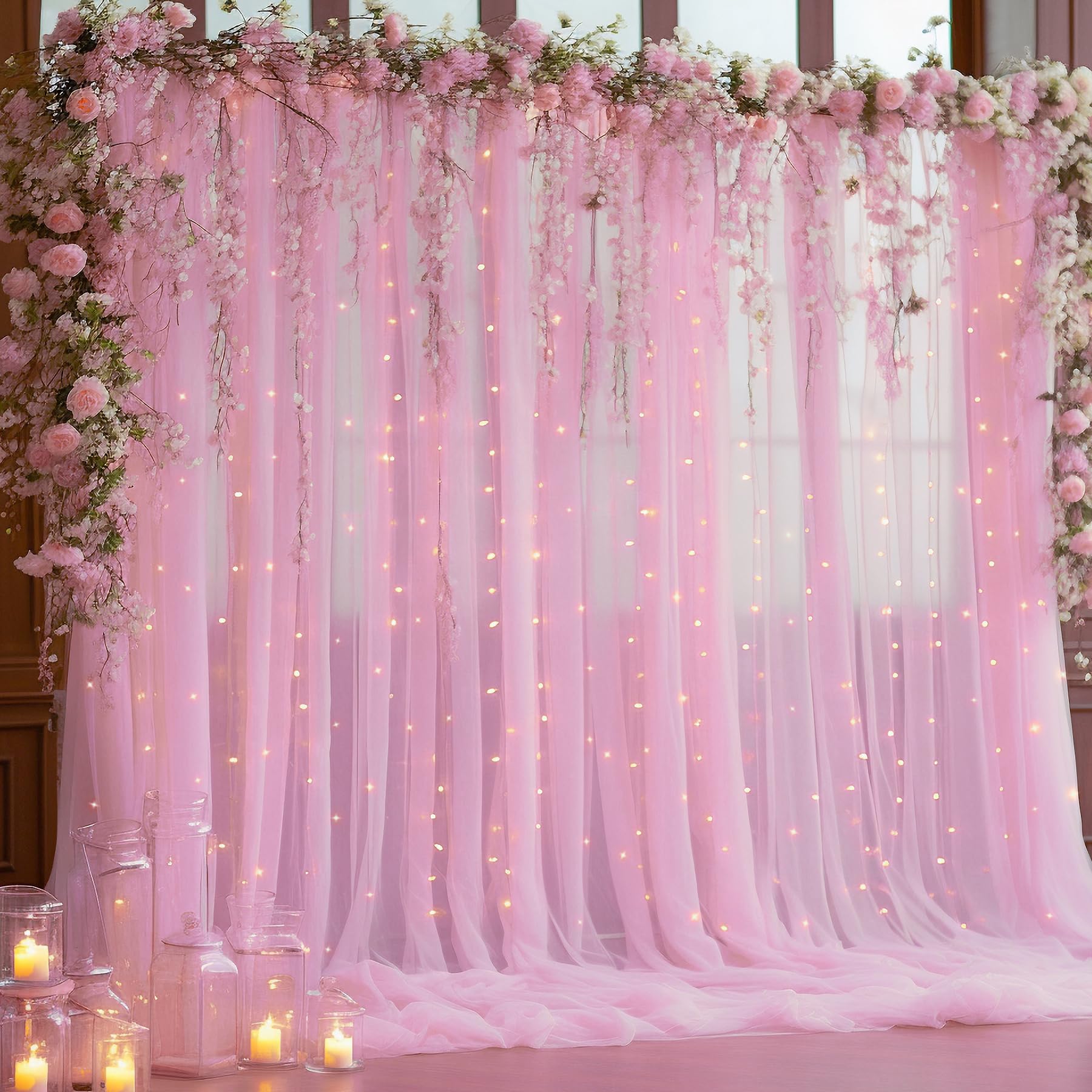 10  10Ft Pink Tulle Backdrop Curtain With Lights String For Parties, Sheer Curtain Backdrop Drapes For Wedding Party Home Decora