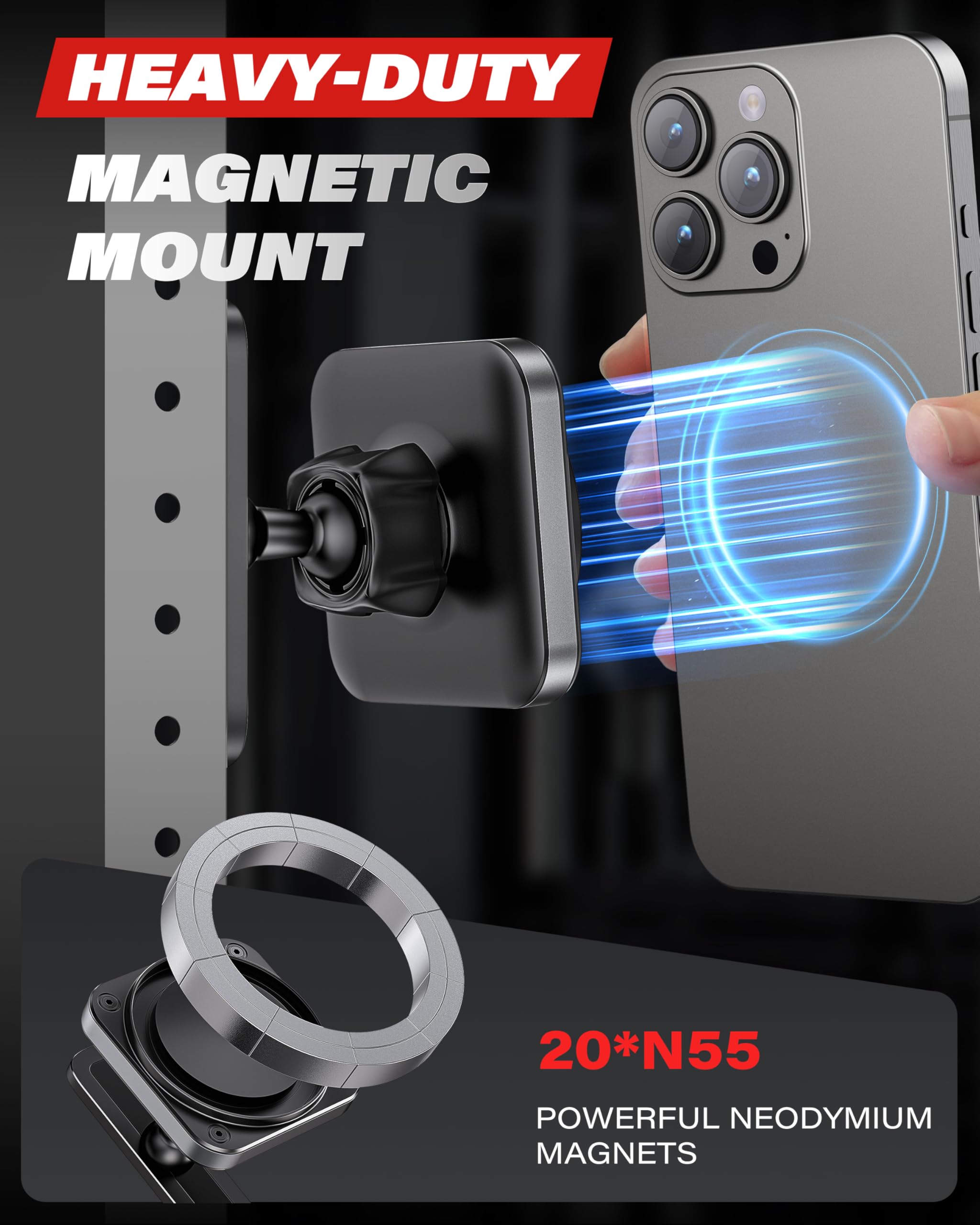 A2C Magnetic Phone Holder For Gym - Aluminum Alloy Base Attach To Metal Surfaces, Gym Phone Mount For Magsafe Iphone 12-16 Serie