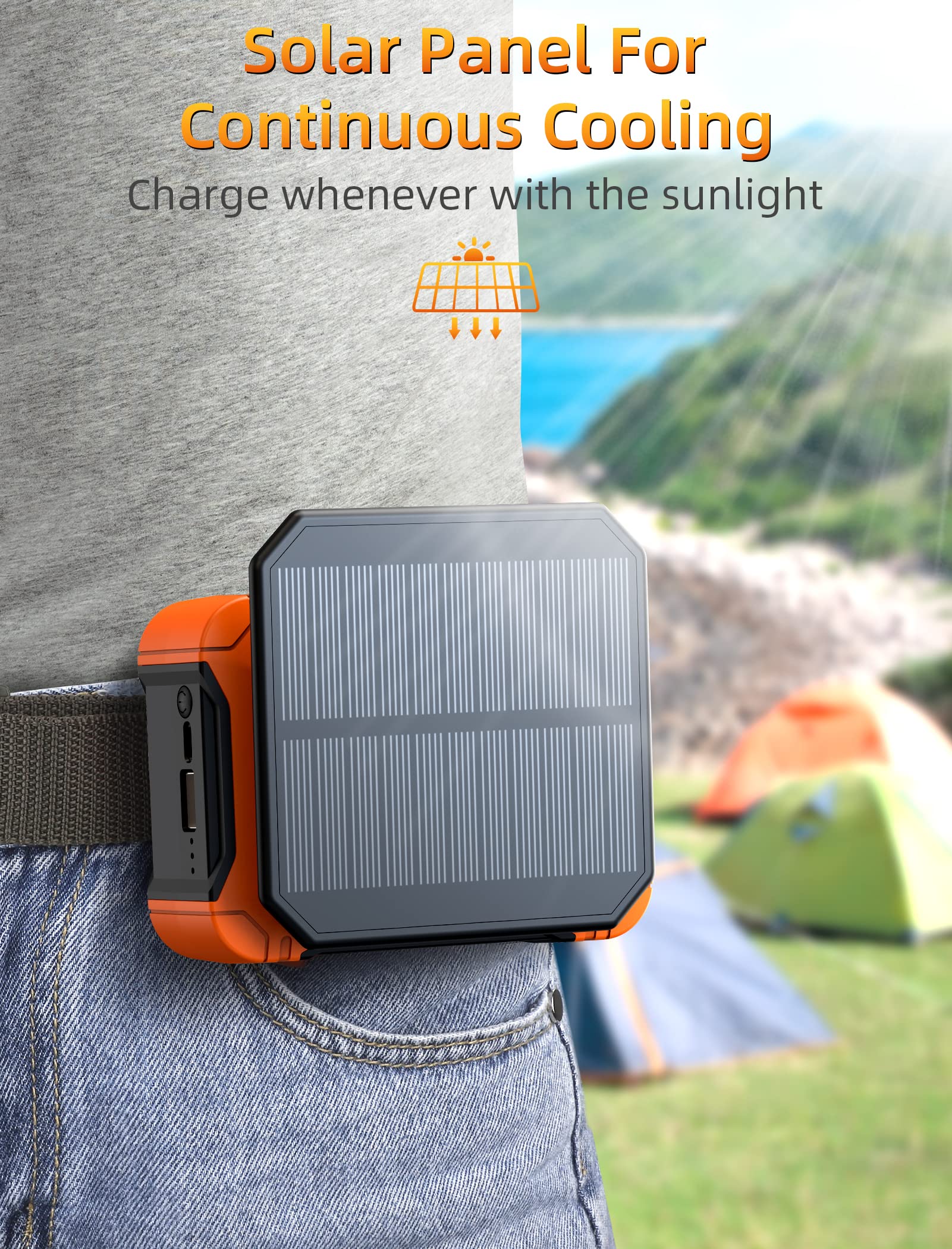 Koonie 10000Mah Waist Clip Fan With Solar Panel, 30H Working Time, Personal Led Light, Battery Powered Belt Fan, Strong Airflow,
