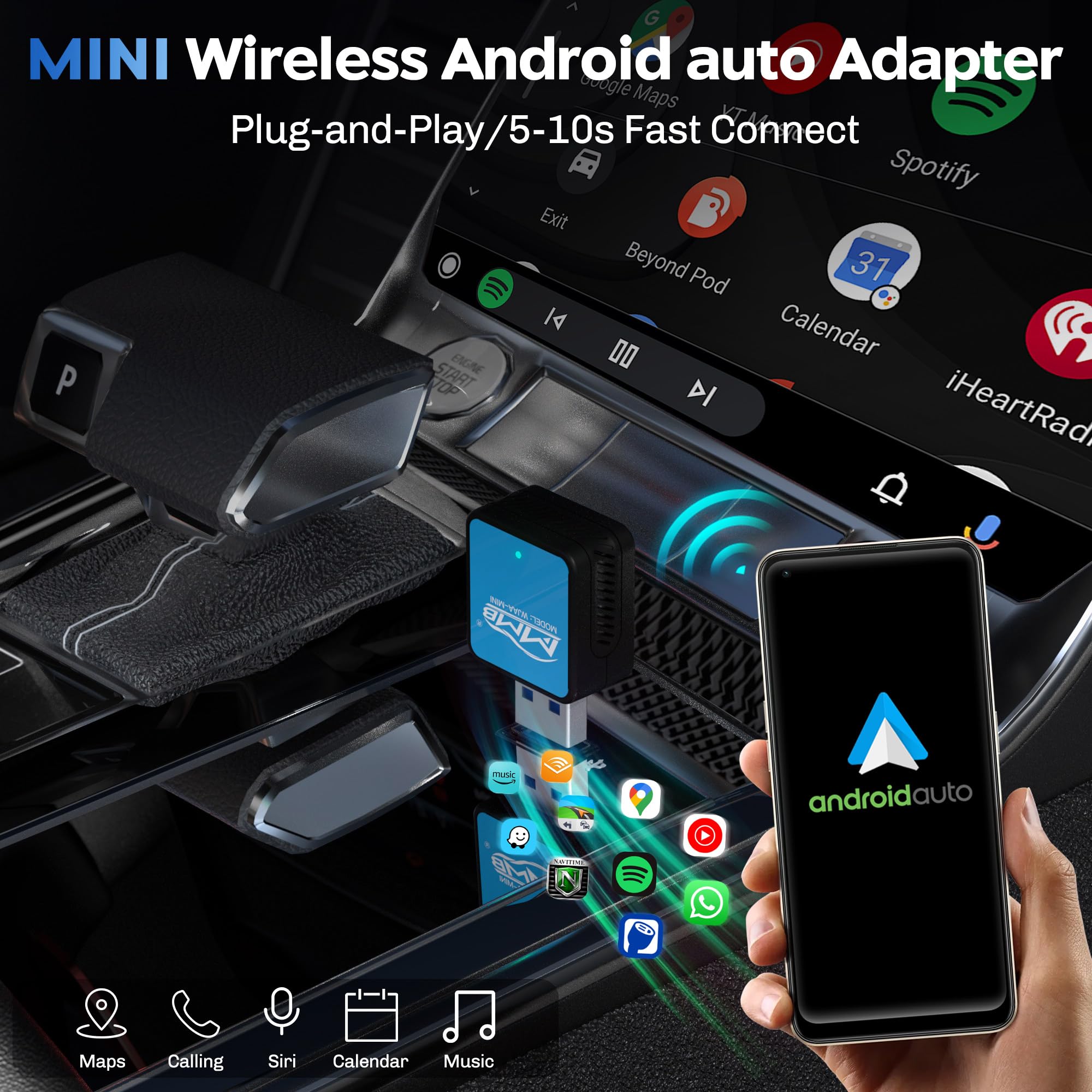Mmb Mini Android Auto Wireless Adapter, 2024 Newest Android Auto Dongle For Android Phone, Smallest,Plug & Play Converts Wired T