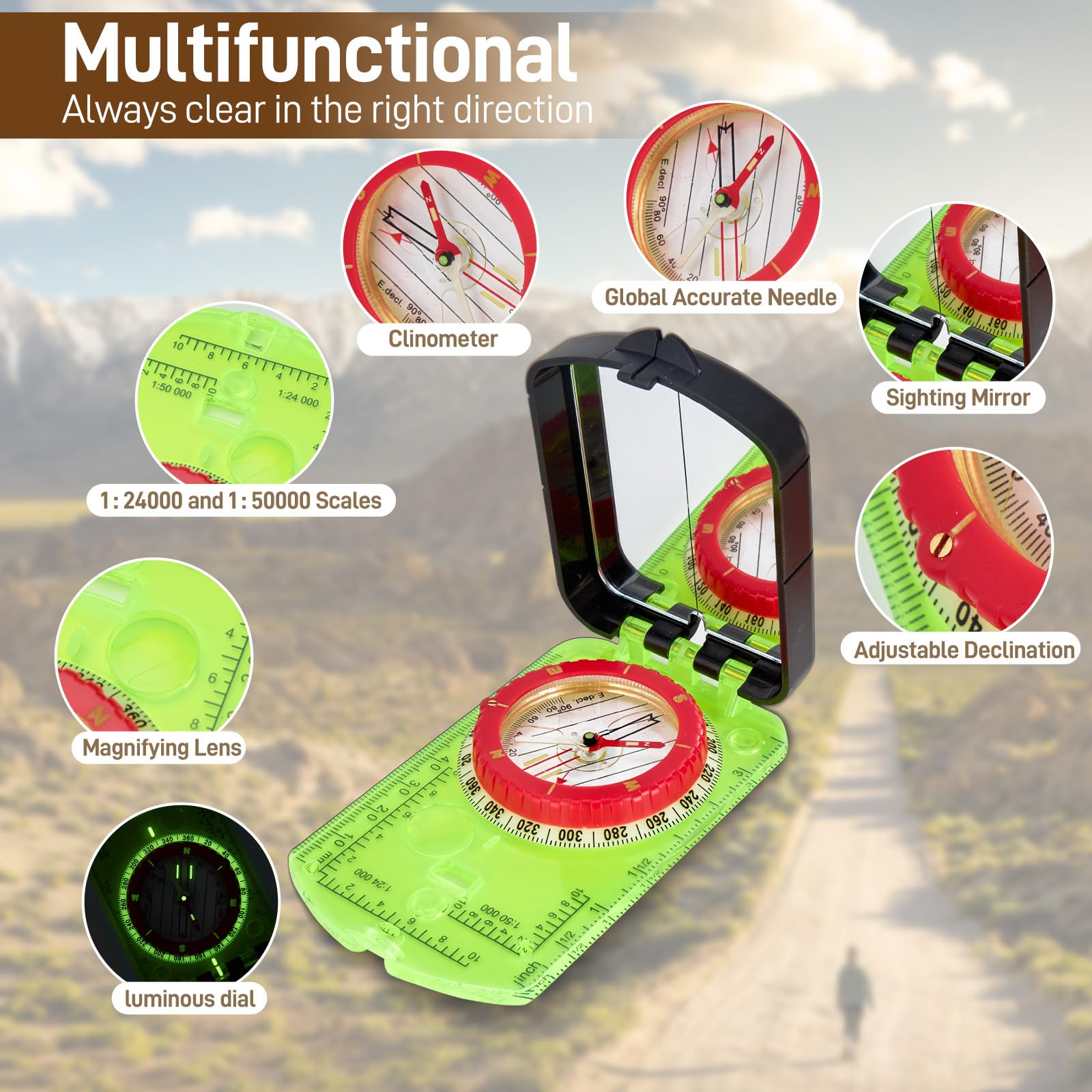 Sportneer Hiking Compass With Mirror - Orienteering Compass For Kids, Gifts, Hiking, Camping, Backpacking - Green