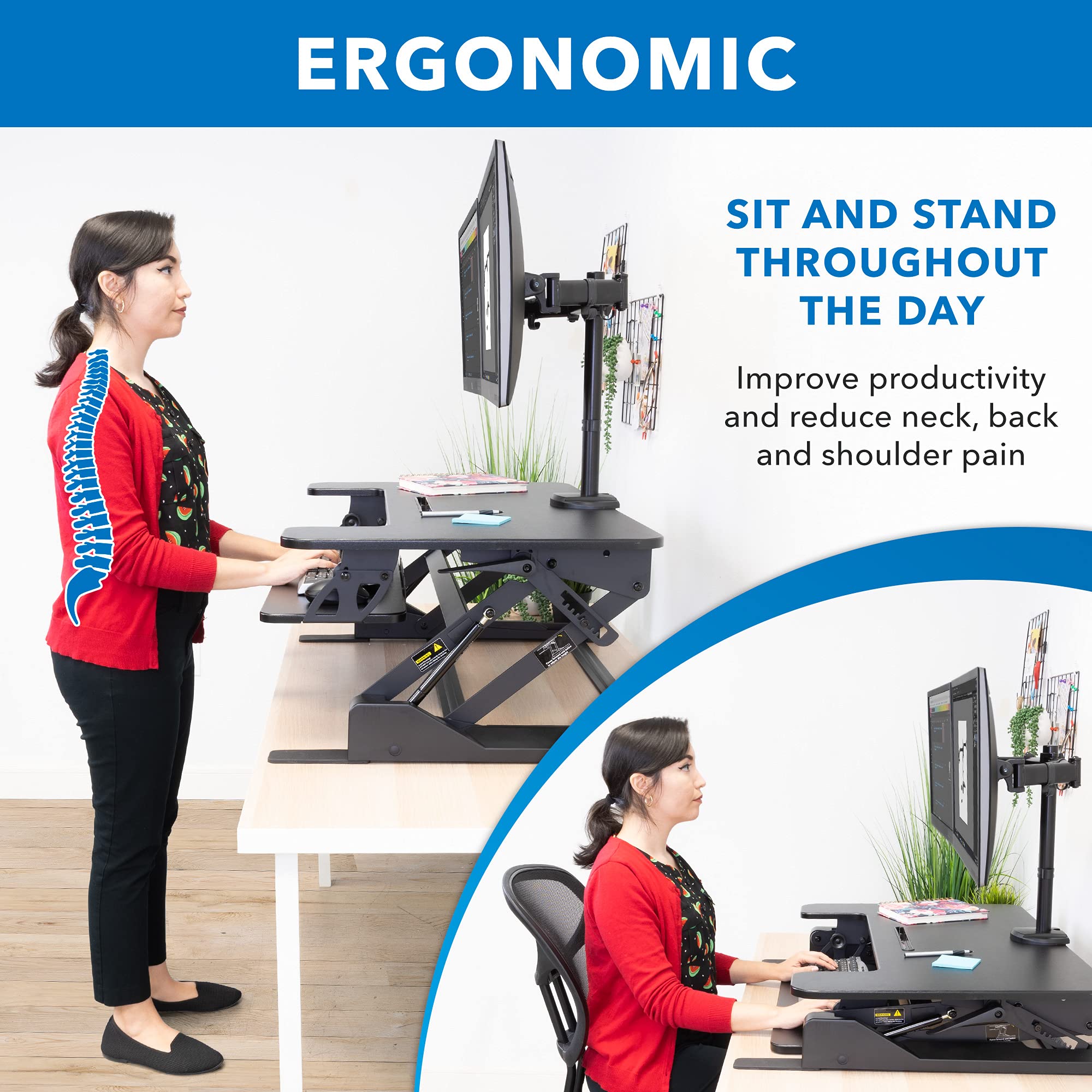 Mount-It! Dual Monitor Standing Desk Converter, 36" Wide, Height Adjustable, Metal, Black, Model MI-7934