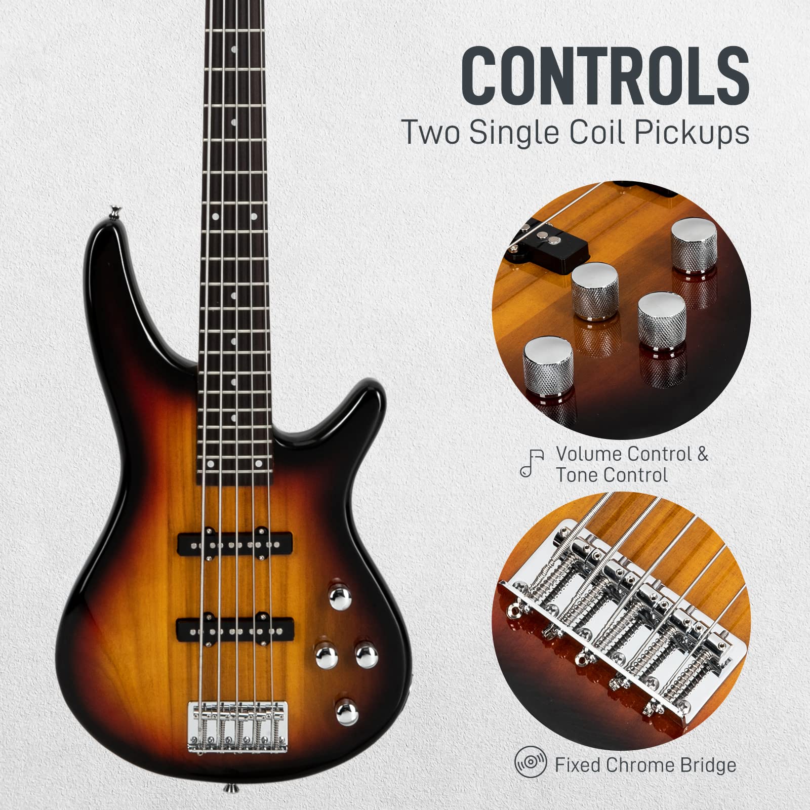 Ktaxon 5 String Electric Bass Guitar, Full Size Standard Right Handed Rosewood Fretboard Bass Kit With Gig Bag Strap Cable Wrenc