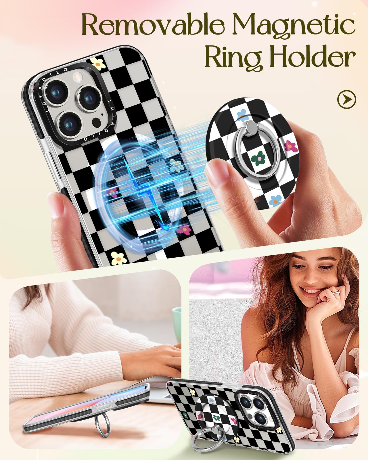 Lotadilo For Iphone 13 Pro Case For Women Girls - Cute Design Compatible With Magsafe Magnetic Ring Holder Stand Black Flower Ae