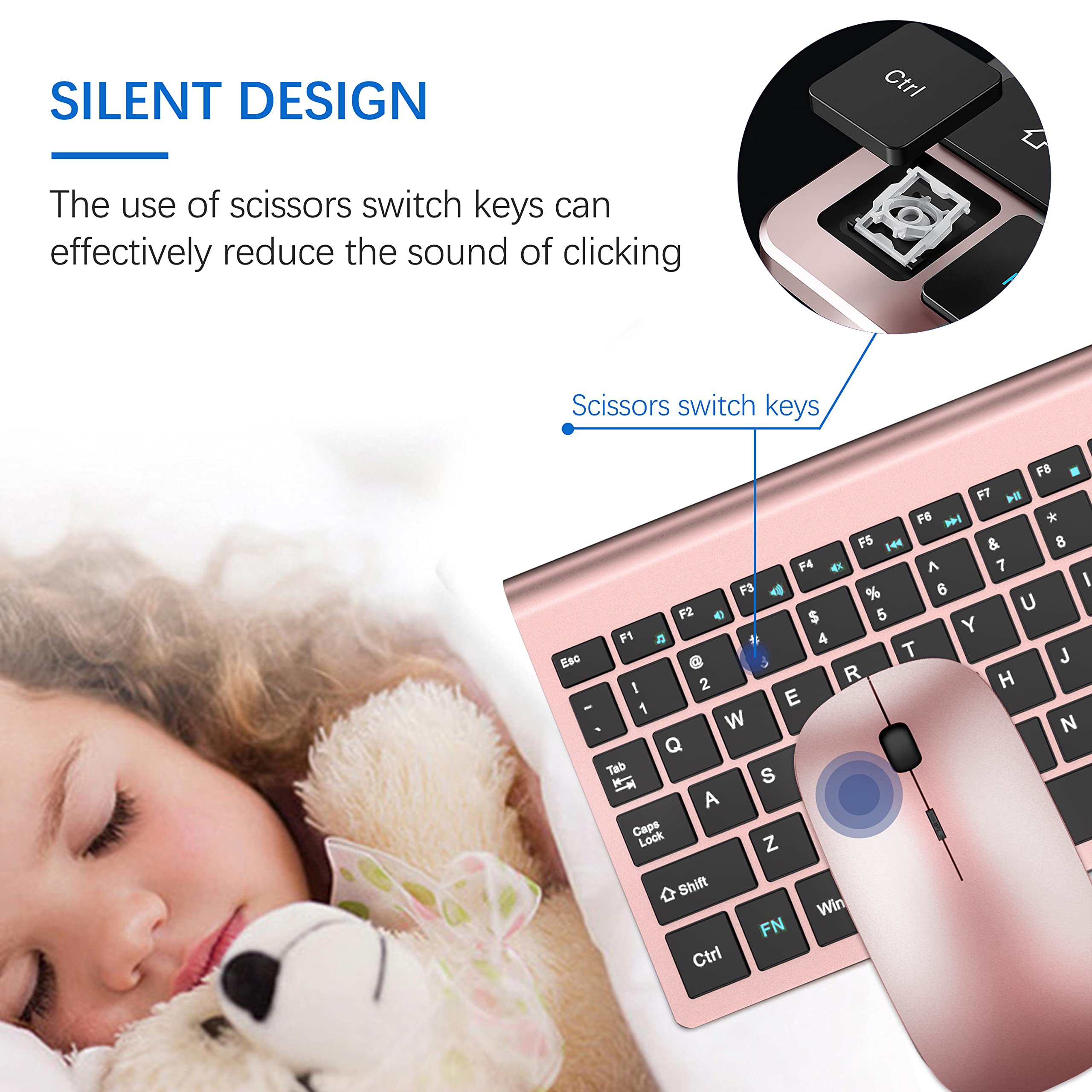 Wireless Keyboard And Mouse Ultra Slim Combo, Topmate 2.4G Silent Compact Usb 2400Dpi Mouse And Scissor Switch Keyboard Set With Cover, 2 Aa & 2 Aaa Batteries,For Pc/Laptop/Windows/Mac Rose Gold Black