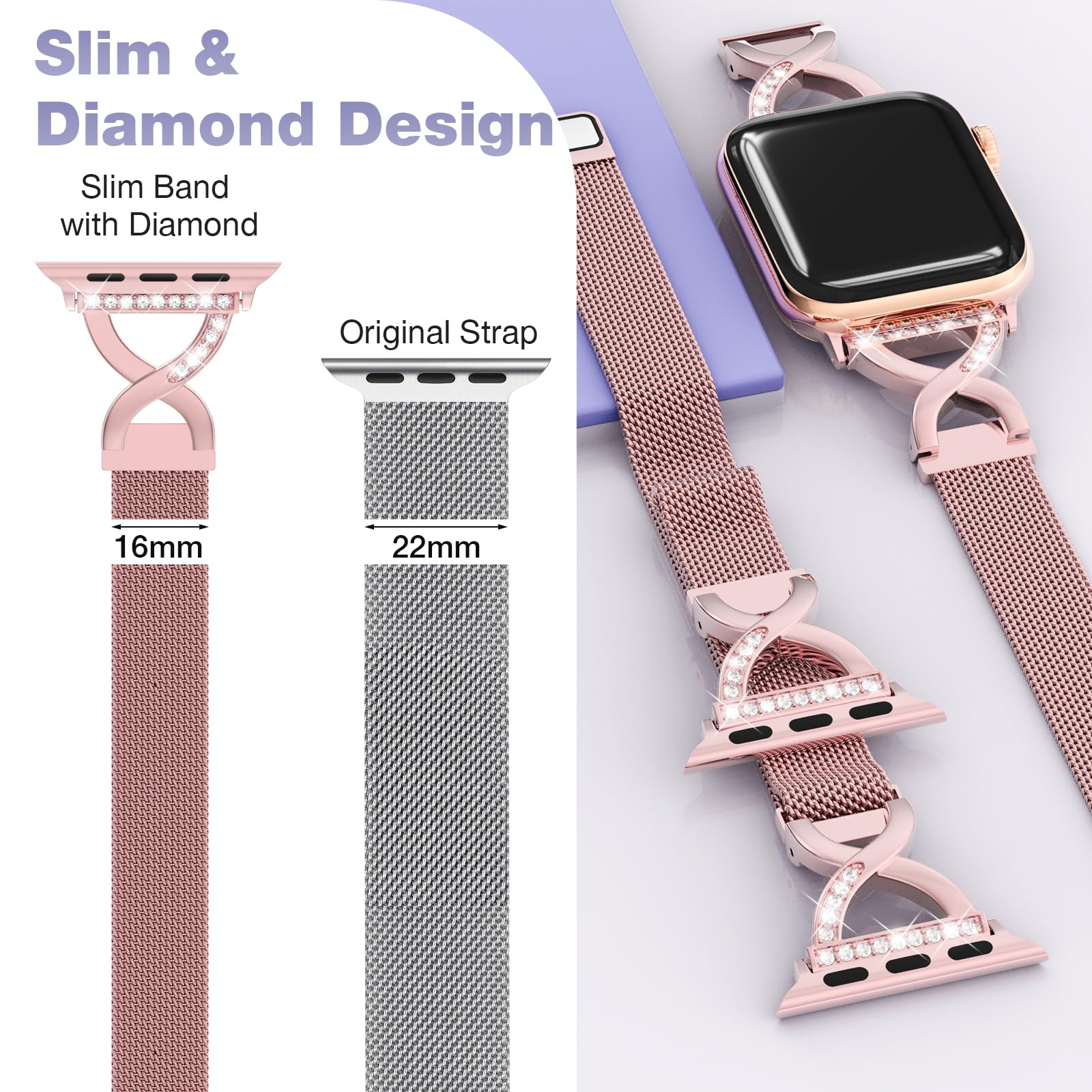 Brg Thin Mesh Loop Compatible With Apple Watch Bands For Women 44Mm 45Mm 46Mm Series 10 9 8 7 6 5 4 3 2 1 Se, Metal Magnetic Sta