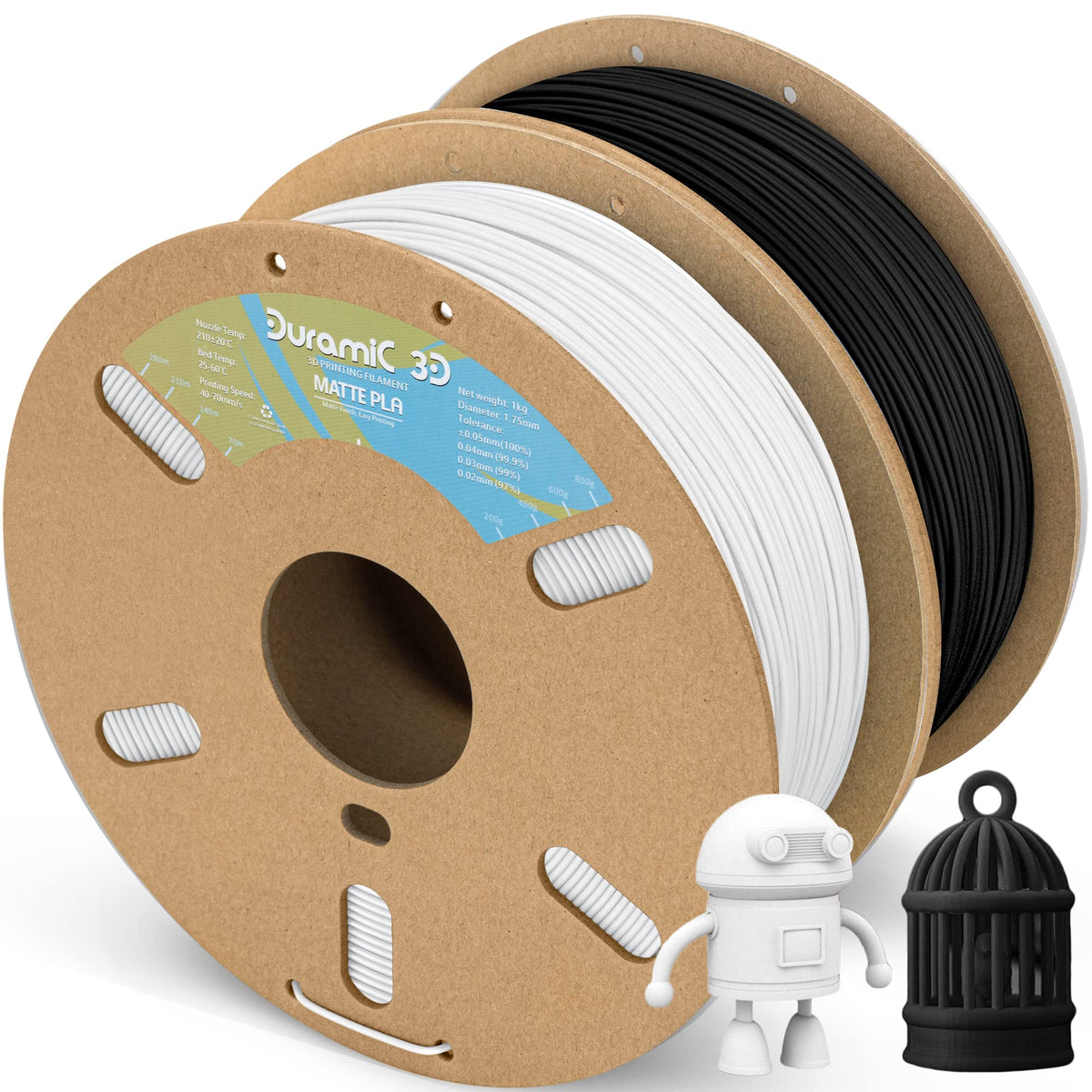 Duramic 3D Matte Pla Filament 1.75Mm Black White 2 Pack, 1Kg Cardboard Spool Matte Finish 3D Printer Filament Pla 1.75Mm Dimensi