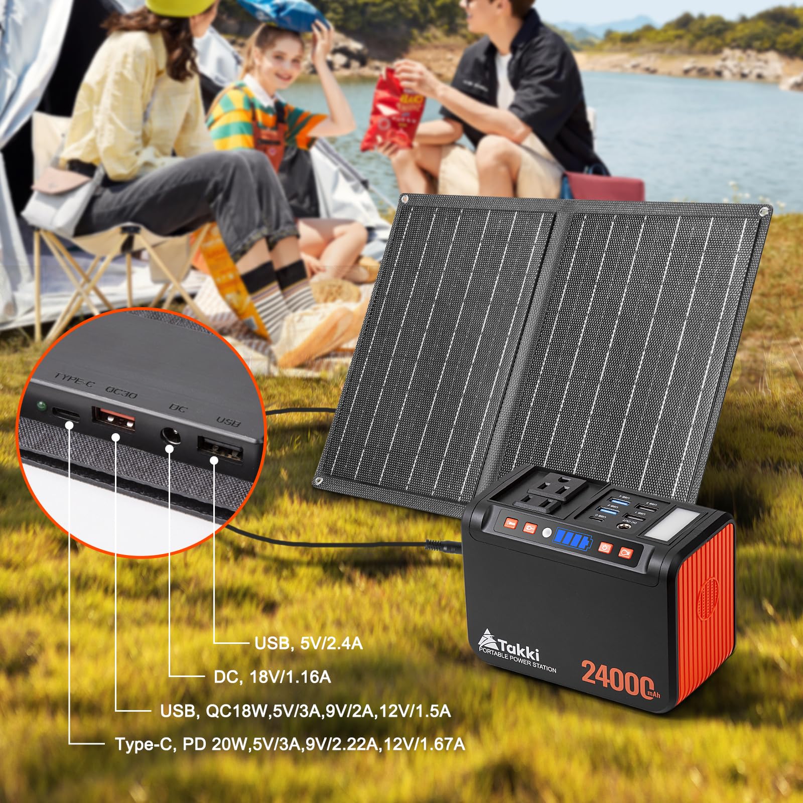 Takki 120W Peak Solar Generator Portable Power Station With 21W Solar Panels, 88Wh Solar Charger Power Bank Ac Dc Usb Ports For