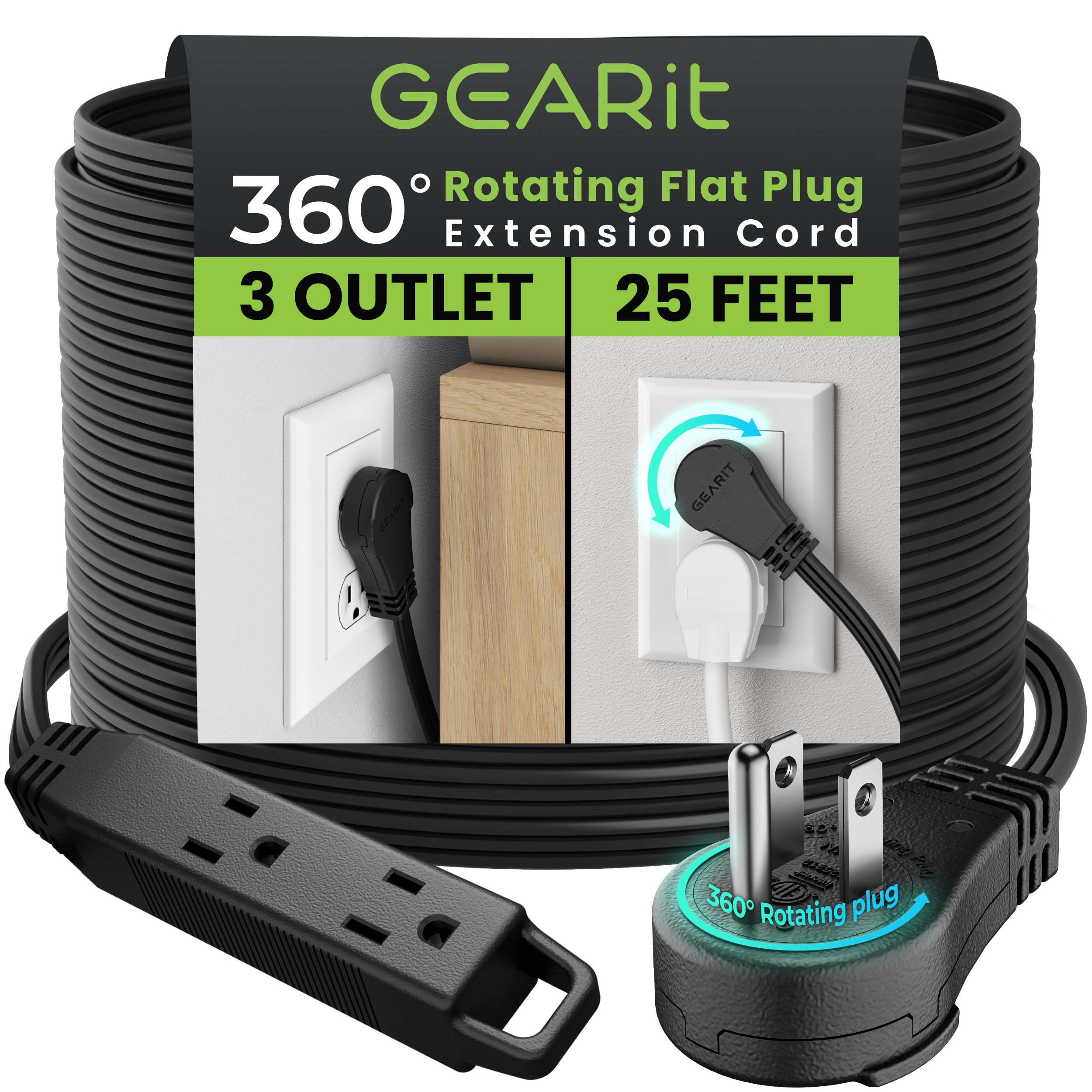 Gearit 360 Rotating Flat Plug Extension Cord (25Ft, Black) Multi 3 Outlet Extension 16 Awg Wire, Adapter For Small Spaces, Right