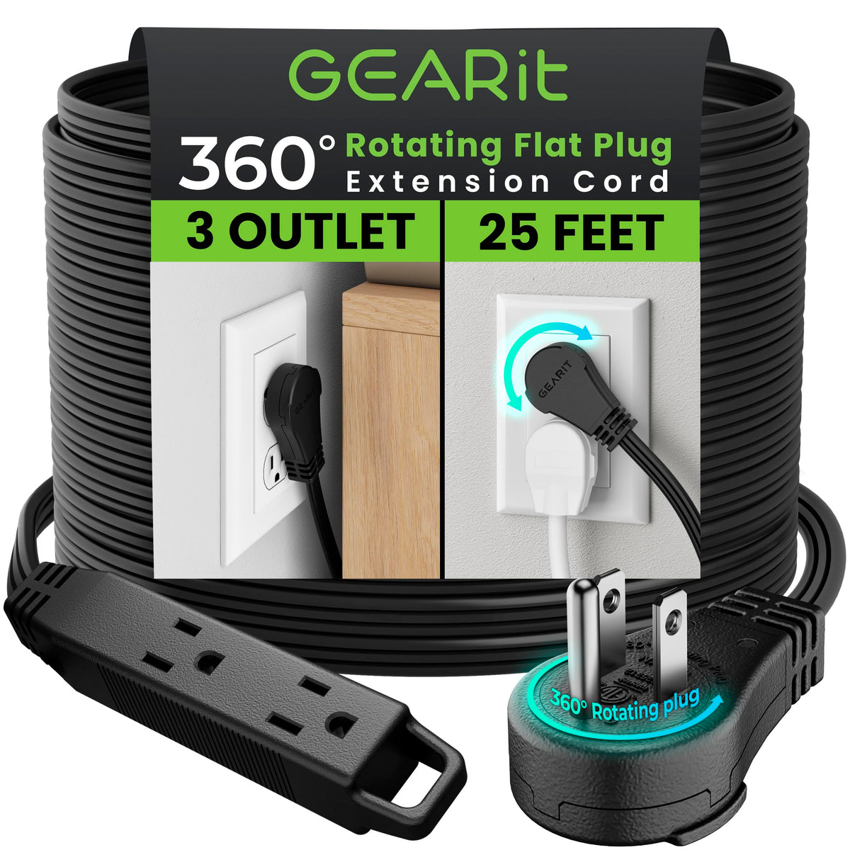 Gearit 360 Rotating Flat Plug Extension Cord (25Ft, Black) Multi 3 Outlet Extension 16 Awg Wire, Adapter For Small Spaces, Right