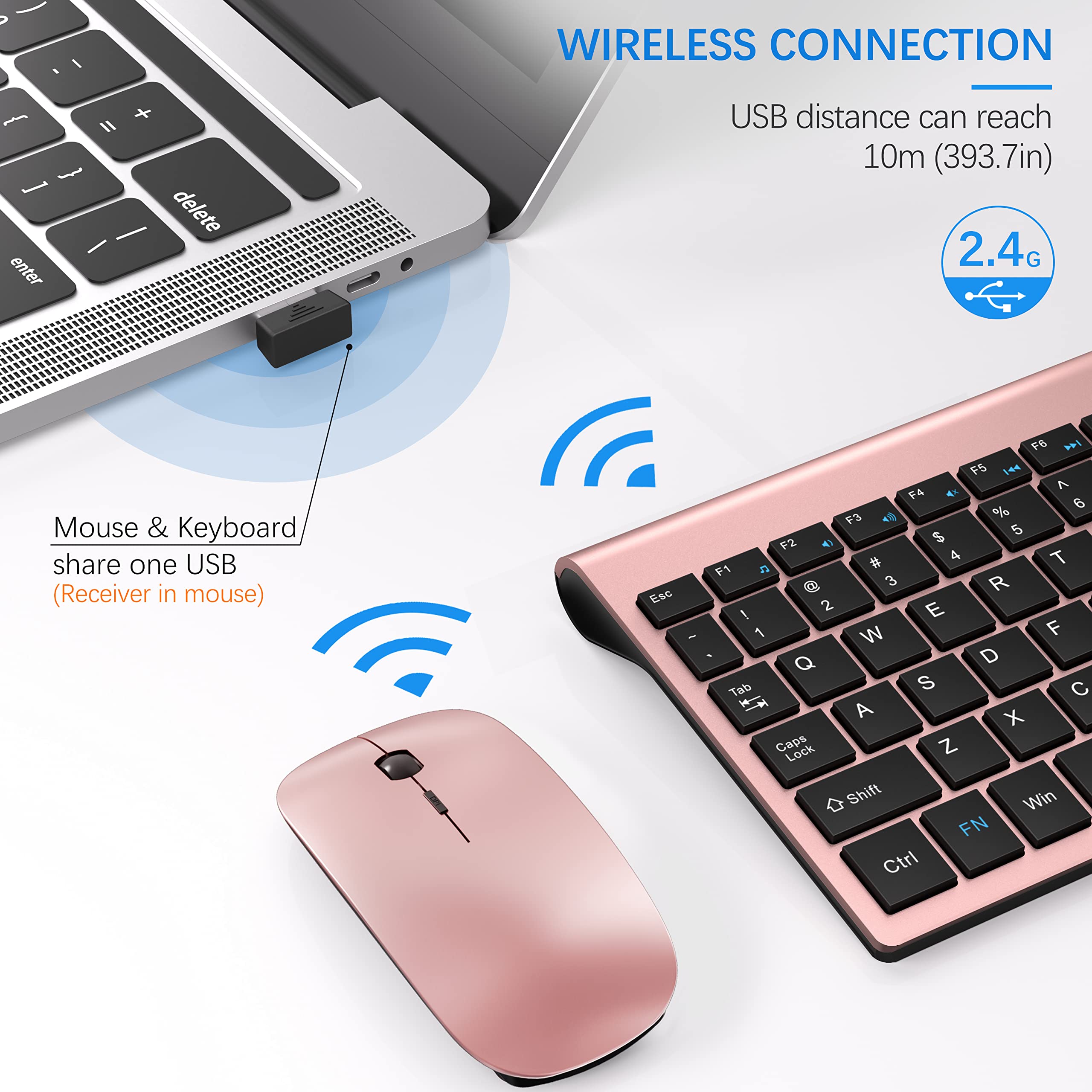 Wireless Keyboard And Mouse Ultra Slim Combo, Topmate 2.4G Silent Compact Usb 2400Dpi Mouse And Scissor Switch Keyboard Set With Cover, 2 Aa & 2 Aaa Batteries,For Pc/Laptop/Windows/Mac Rose Gold Black