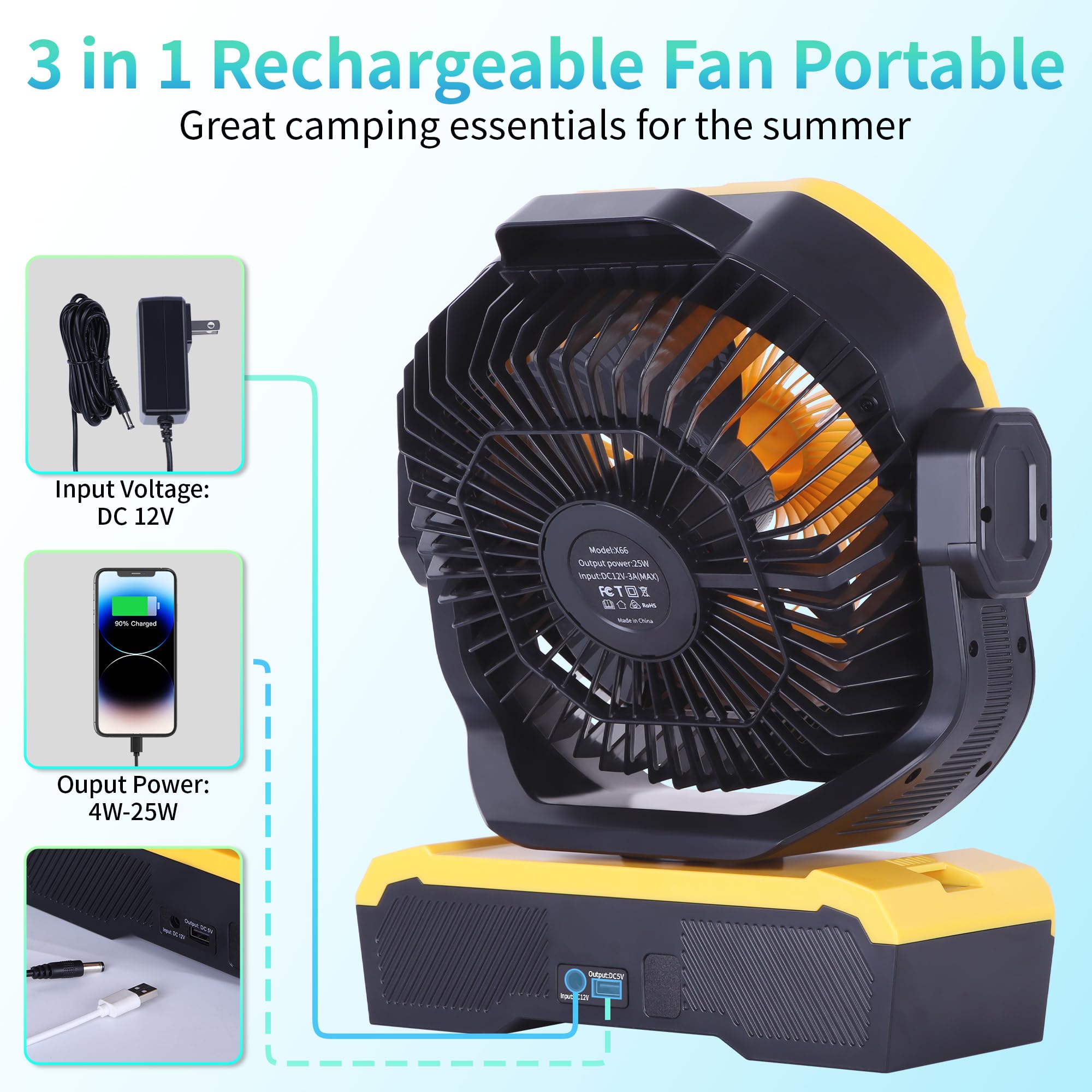 Westtree Camping Fan 20000Mah Rechargeable Battery Operated Fan Outdoor Tent Fan With Light & Hook, Knob Speeds, Personal Usb De
