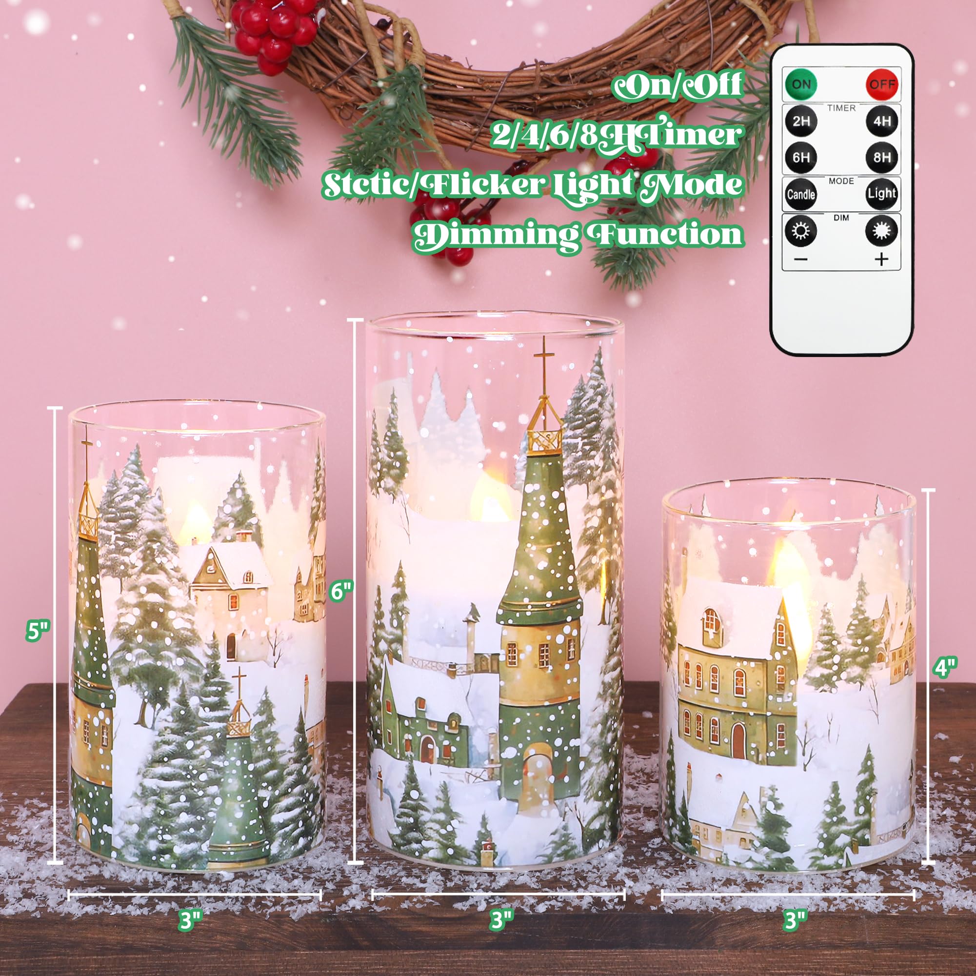 Christmas Flameless Candles Winter Village Scene Battery Operated Candles With Remote Control & Timer Function Real Wax Led Cand