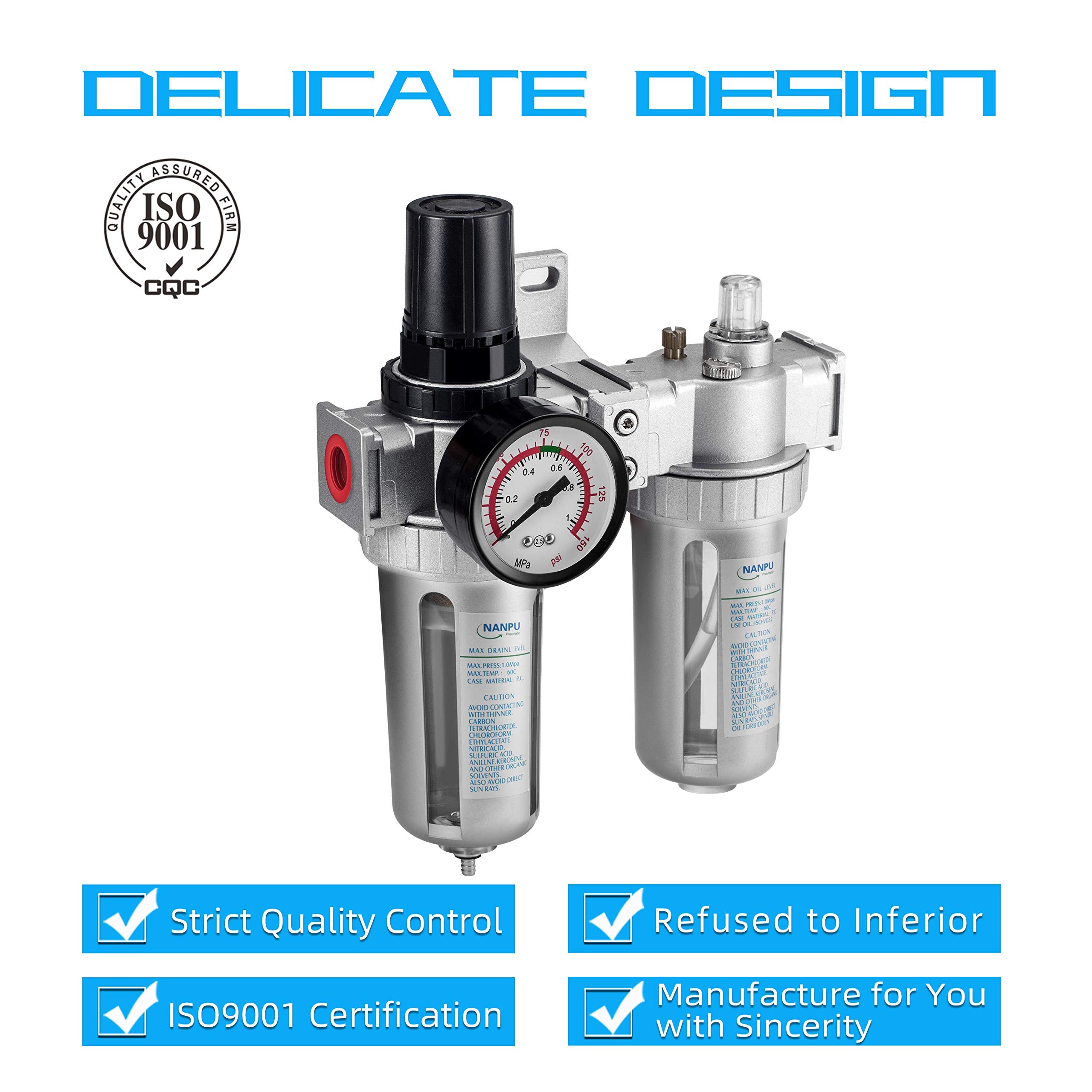 Nanpu 1/4'' Npt Air Filter Pressure Regulator Lubricato Dryer Gauge Kit Water/Oil Trap Separator 3 In 1 Twin Unit