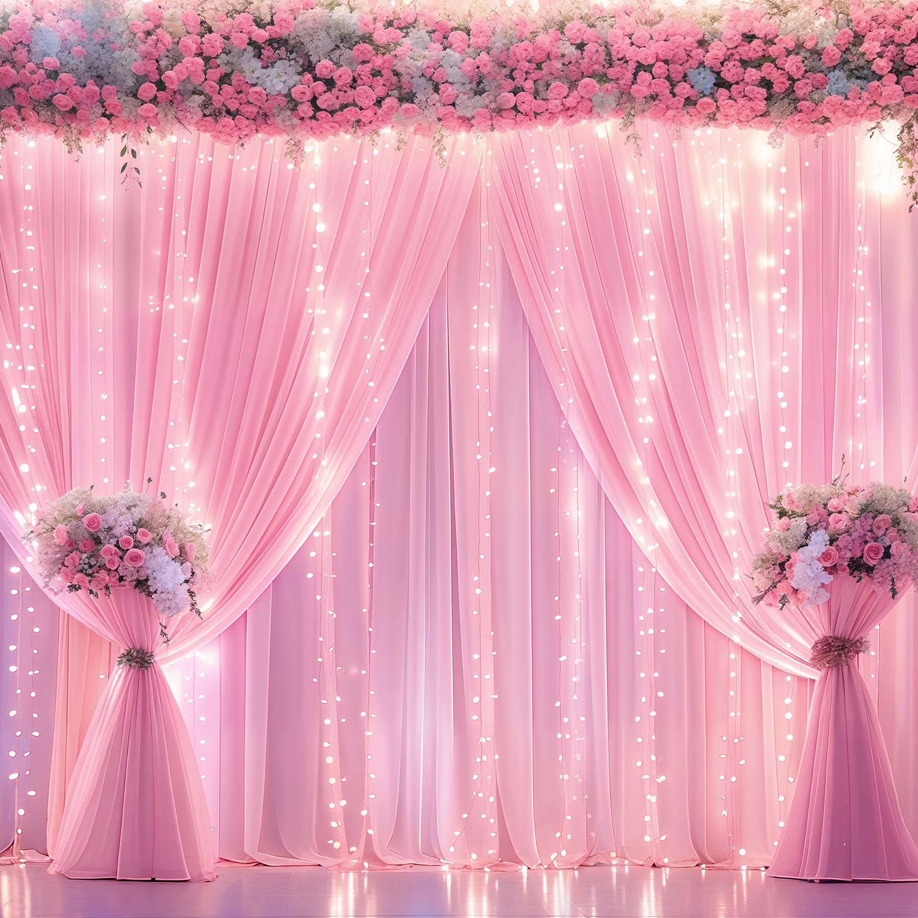 10X10Ft Pink Backdrop Curtains With Lights String For Baby Shower Parties, Wrinkle Free Curtains Backdrop Drapes For Wedding Gir
