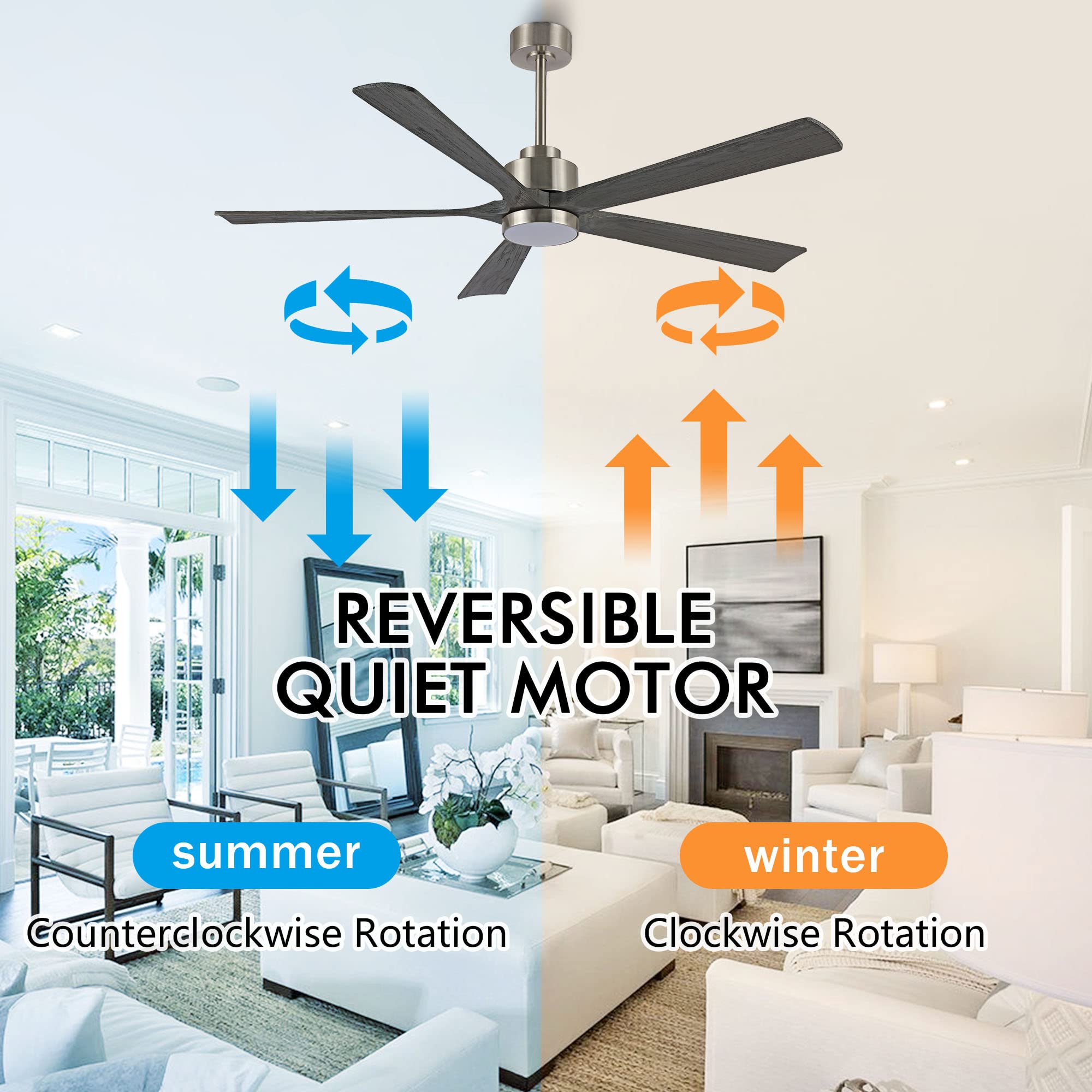 Elehinser 52'' Modern Ceiling Fan With Lights And Remote Control, 5 Solid Wood Blades 6 Speed Noiseless Reversible Dc Motor, Cei