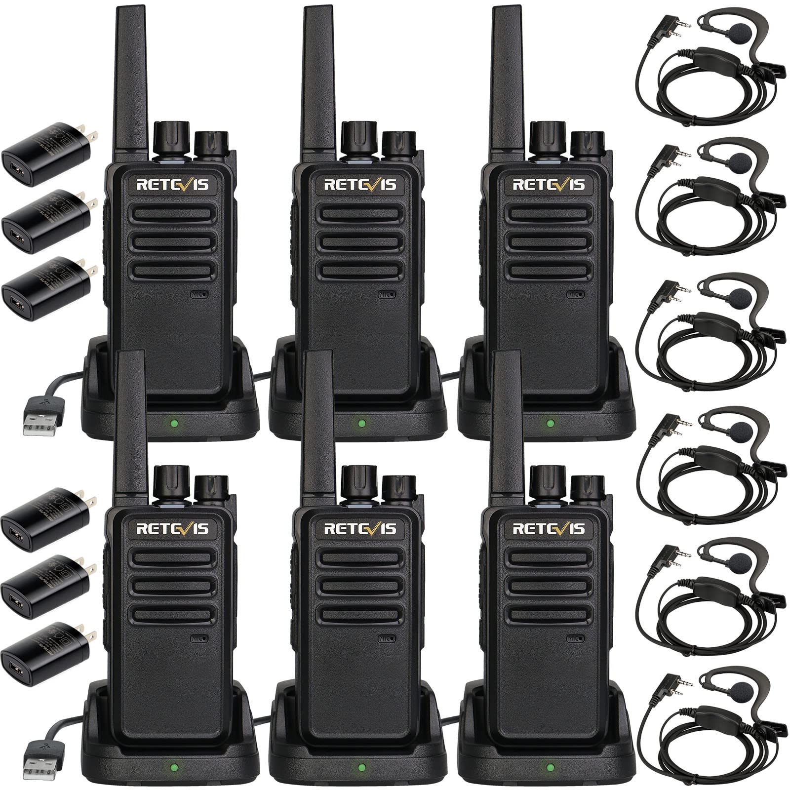 Retevis Rt68 Two Way Radios With Earpiece, Heavy Duty Walkie Talkies For Adults, Compact 2 Way Radio Long Range Rechargeable With Usb Charging Base, For Restaurant Church Security School (6 Pack)