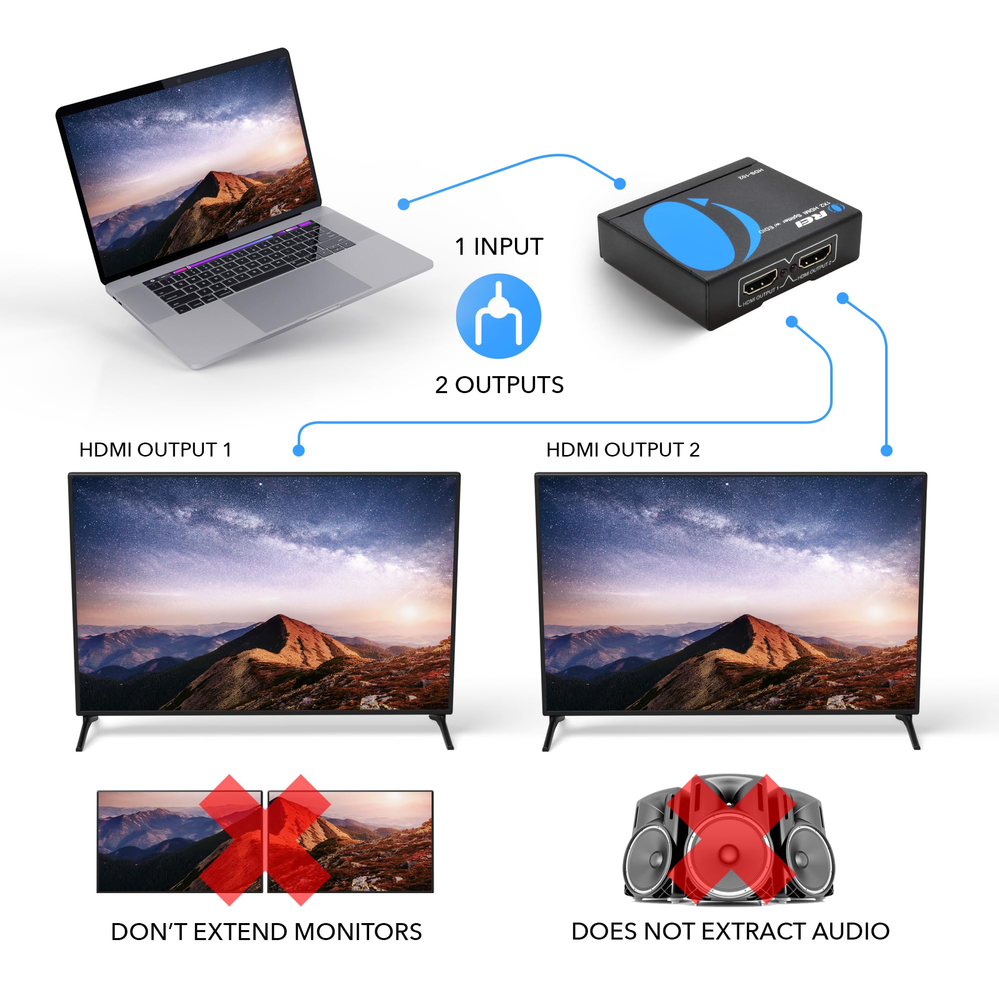 Orei Hdmi Splitter 1 In 2 Out   1X2 Hdmi Splitter For Tv Mirror Only   Not For Multi Monitors And Hdcp Bypass, 1080P @ 60Hz & 4K