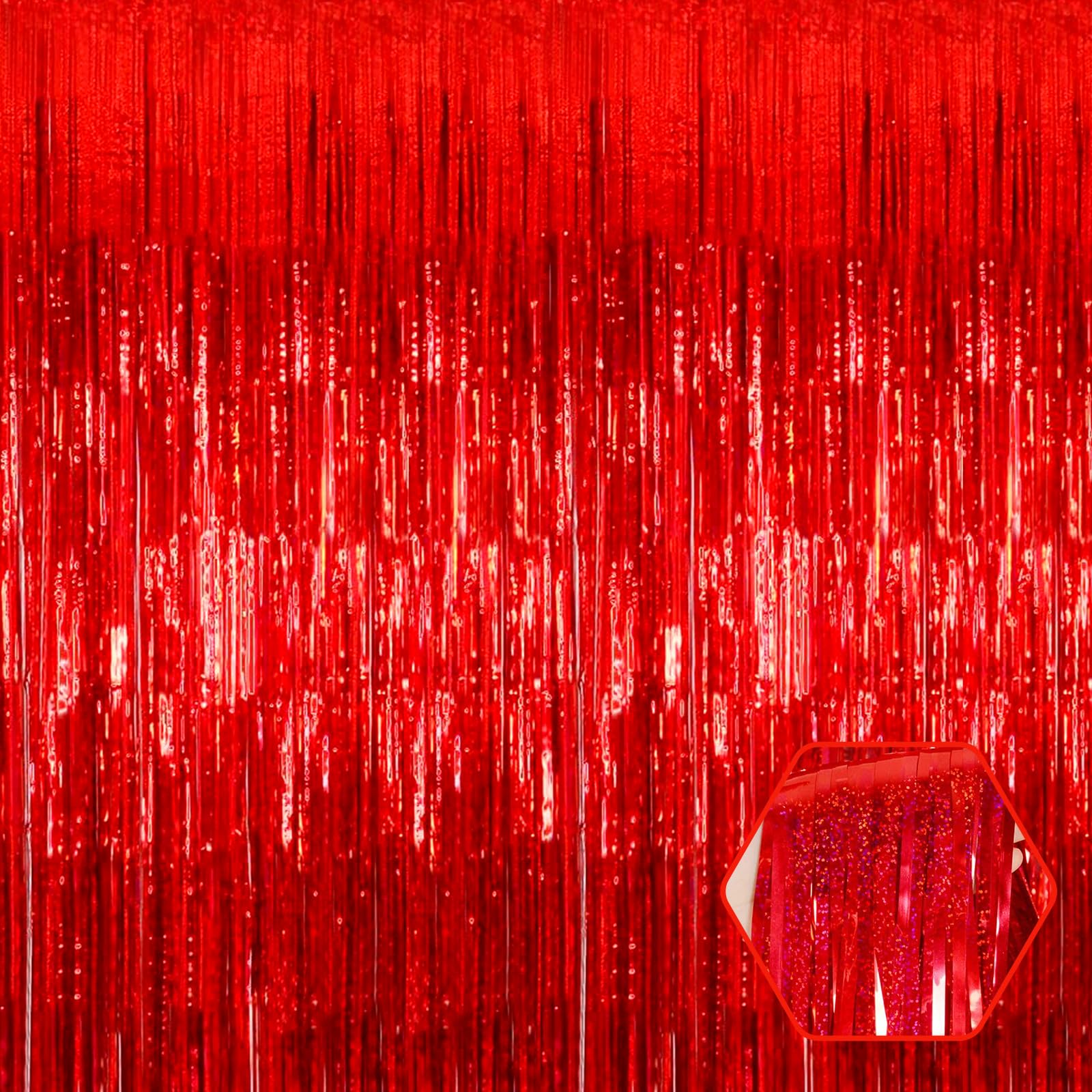 3 Pack Red Foil Fringe Curtain Backdrop, 3.28Ft X 8.2Ft Metallic Tinsel Foil Fringe Streamer Curtains For Photo Booth, Valentine