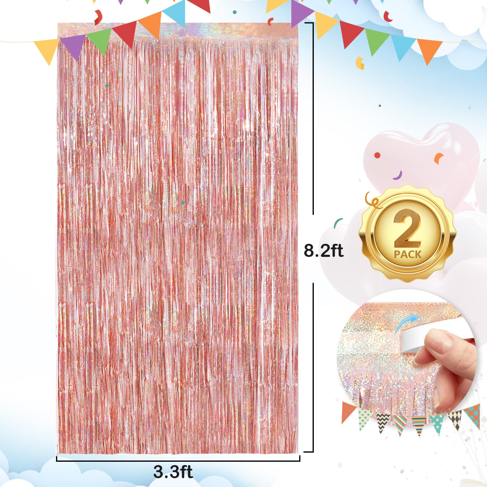 Rose Gold Foil Party Streamers 2 Pack Metallic Tinsel Fringe Curtain 3.3X 8.3Ft Streamer Curtains Anniversary Thanksgiving Chris